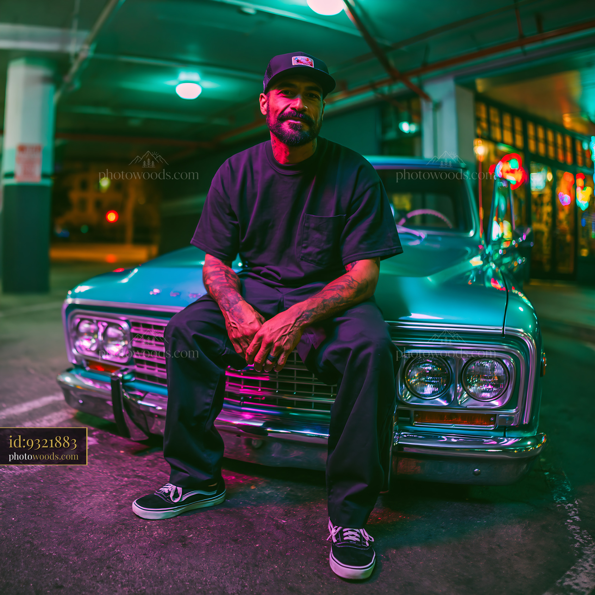 Skater Man Sitting on Classic Truck at Night in Urban Setting