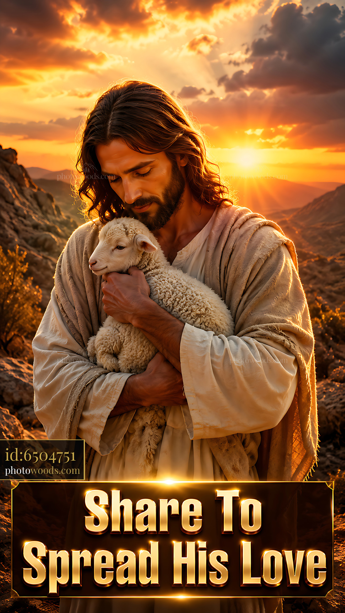 Man Holding Sheep at Sunset in a Rocky Landscape