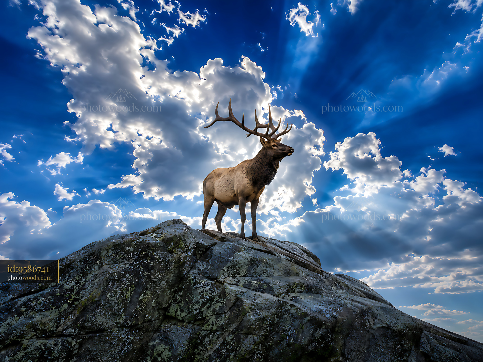 Elk Stands on Rock Under Blue Sky With Clouds and Sun Rays