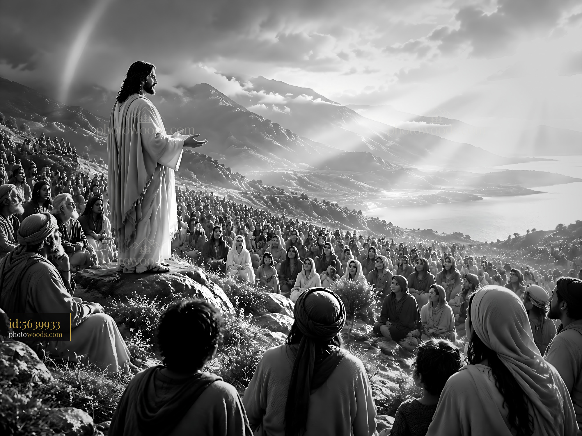 Jesus Speaking to the Crowd on a Rocky Hillside in the Evening