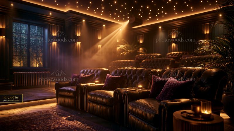 Luxurious dark lounge with leather seating and warm ambient lights