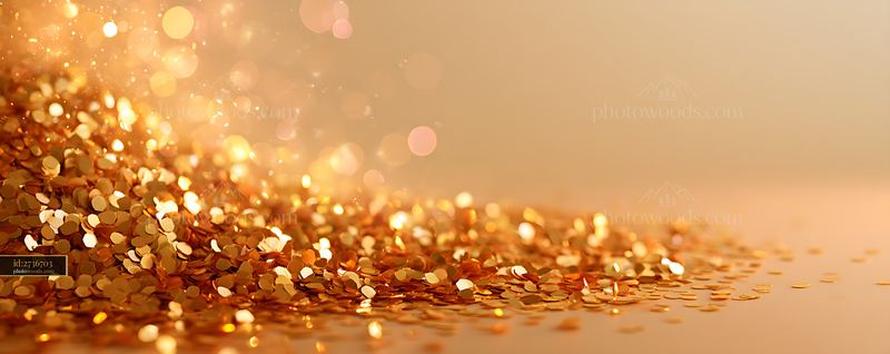 Glowing golden confetti with sparkling bokeh and copy space