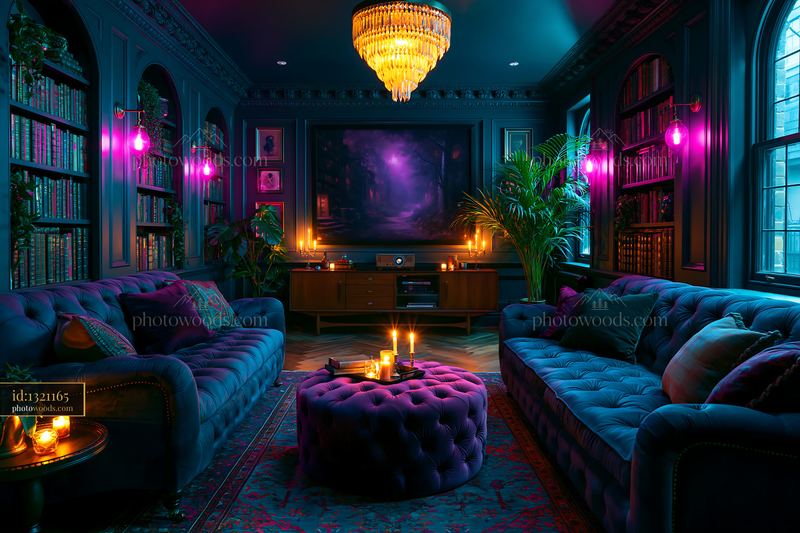 Dark Academia Basement Cinema With Bookshelf and Velvet Sofas
