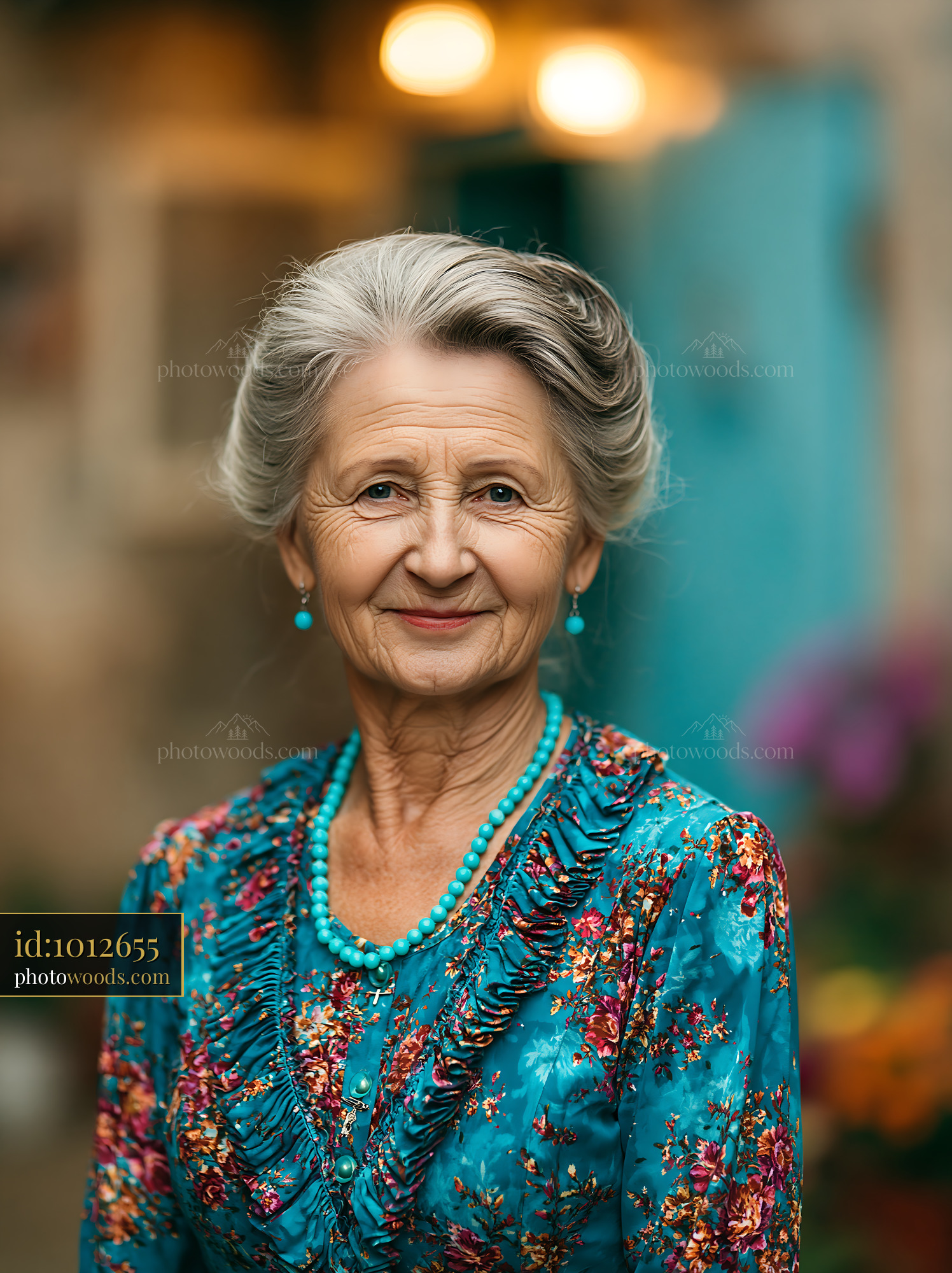 Elderly Woman Smiles Warmly While Standing in a Decorated Setting