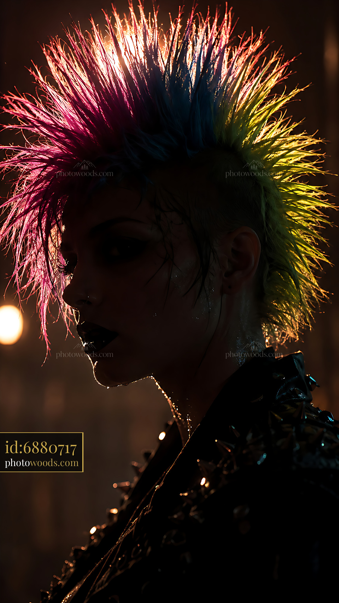 Model With Colorful Mohawk Hairstyle and Leather Jacket Poses