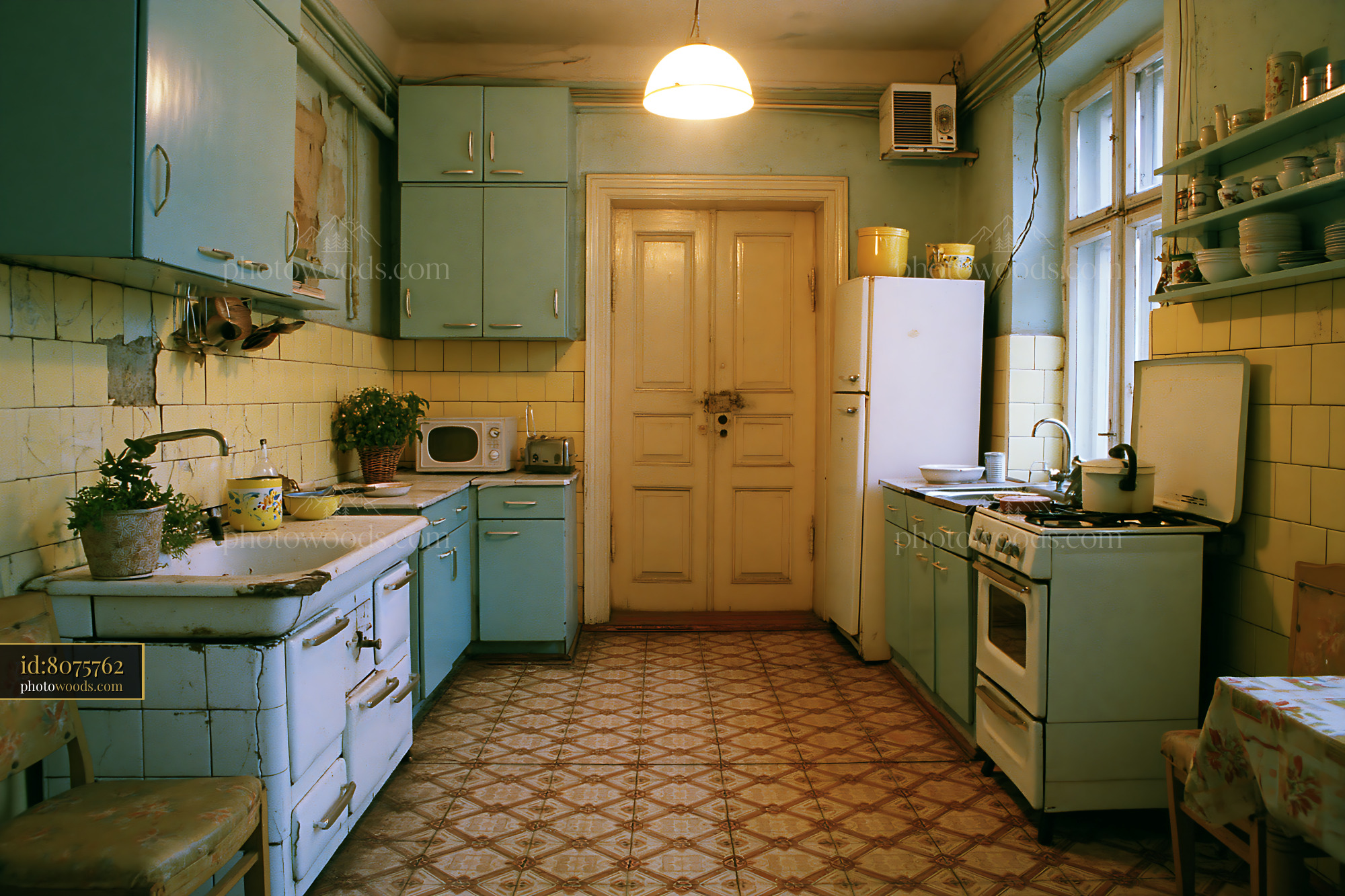 1970s Eastern Bloc Kitchen With Blue Cabinets and Yellow Tiles