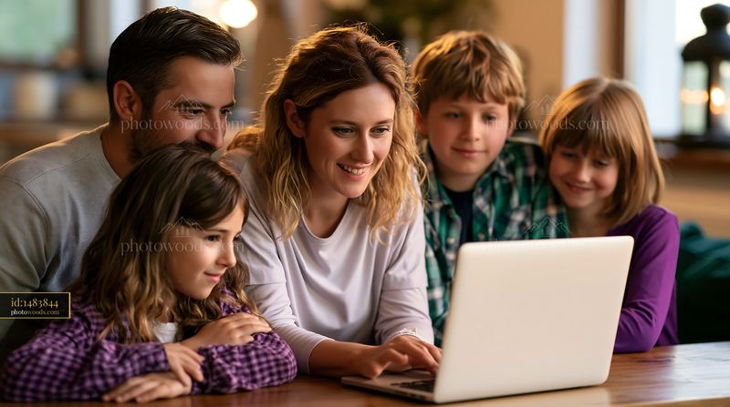 Family gathered around a laptop at home