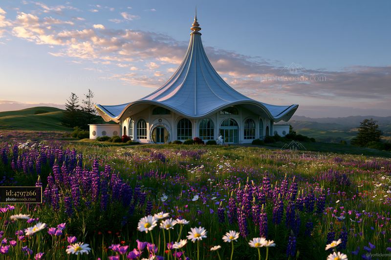 Ornate modern building in a wildflower meadow at sunset