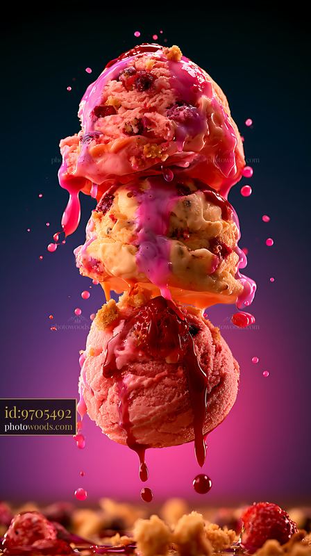 Stacked strawberry ice cream scoops with dripping pink sauce