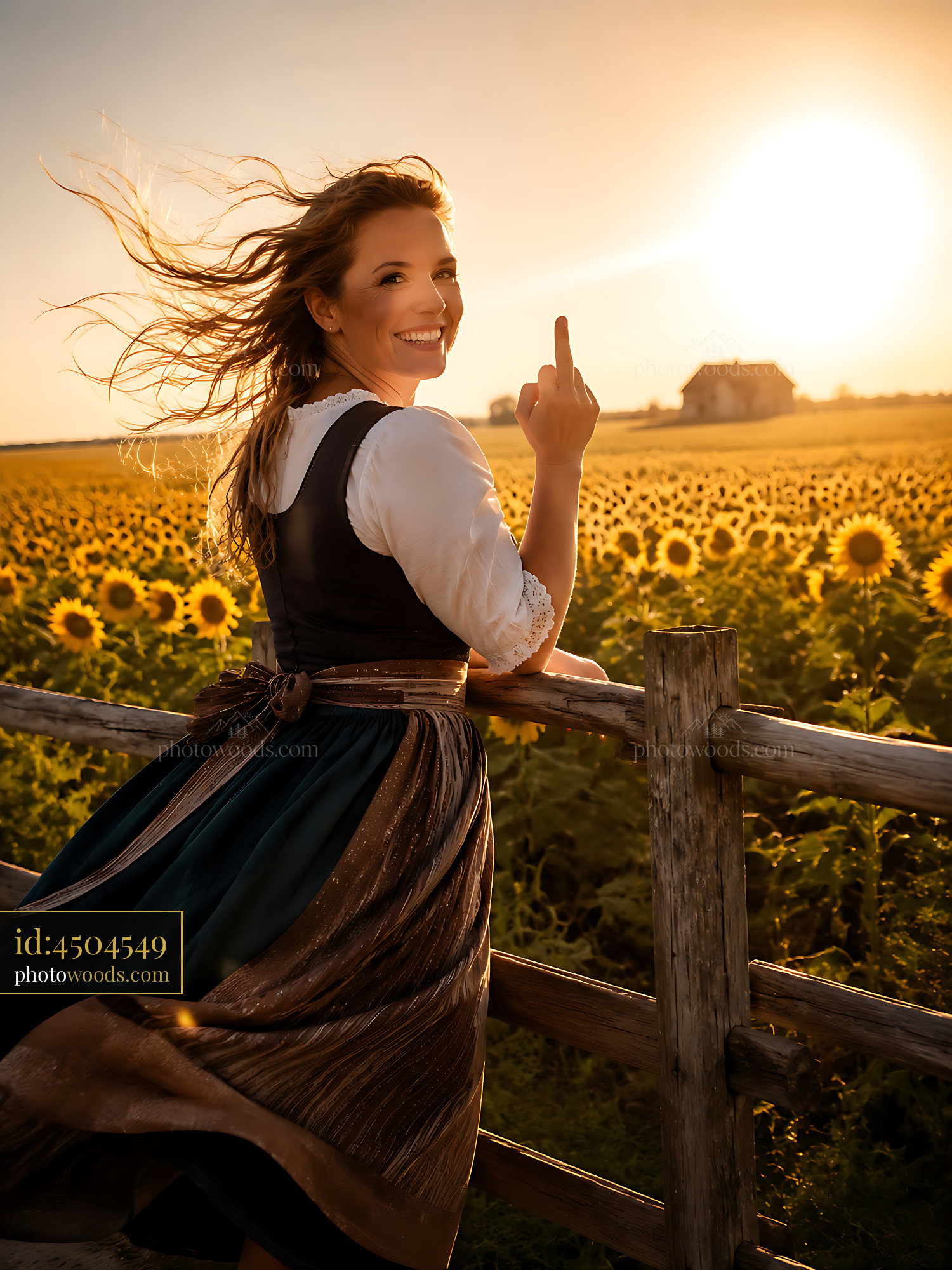 Woman in Traditional Dress Smiling in Sunflower Field at Sunset