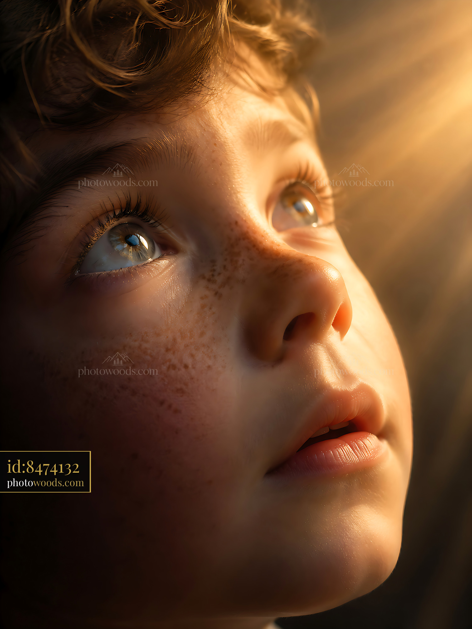 Child Gazes Upward With Curiosity, Light Shining on Face
