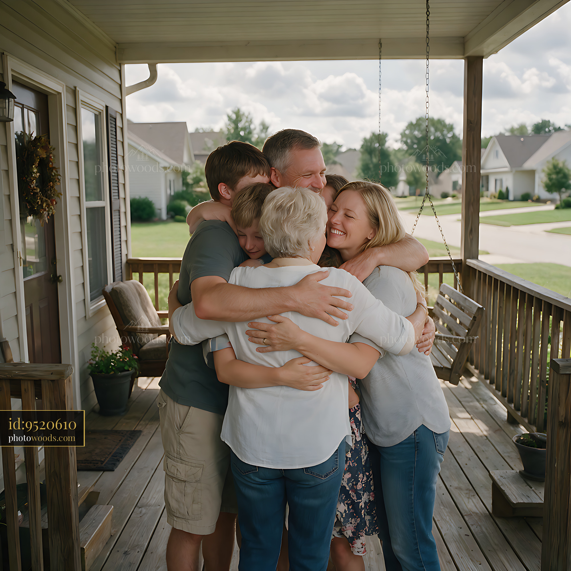 Family embracing together on a suburban porch