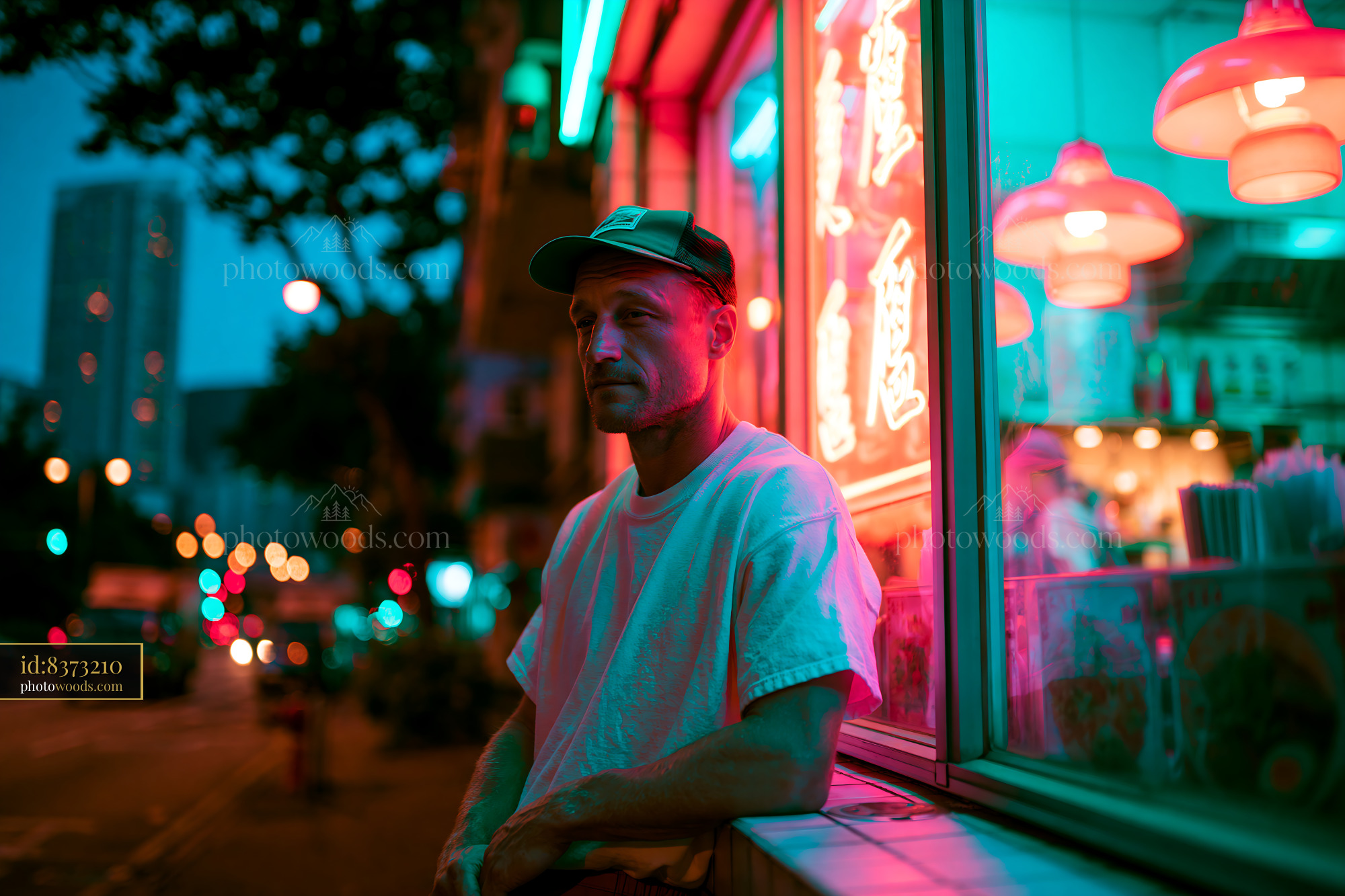 Skater Man Leaning Against Restaurant Window at Night