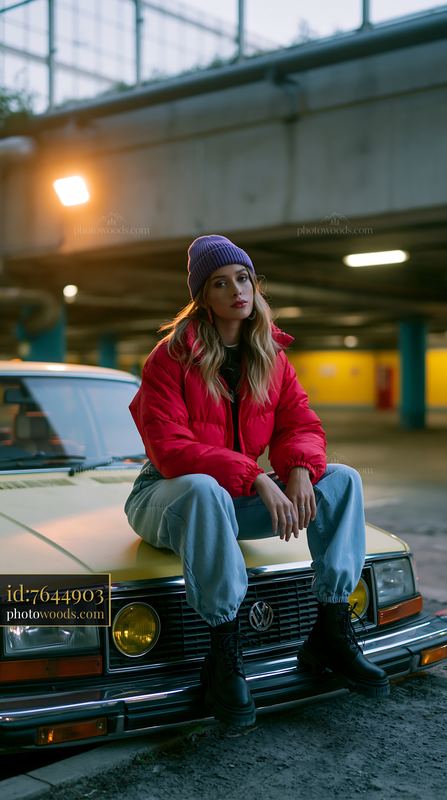 Striking Woman in Cropped Puffer Jacket Sitting on Vintage Car