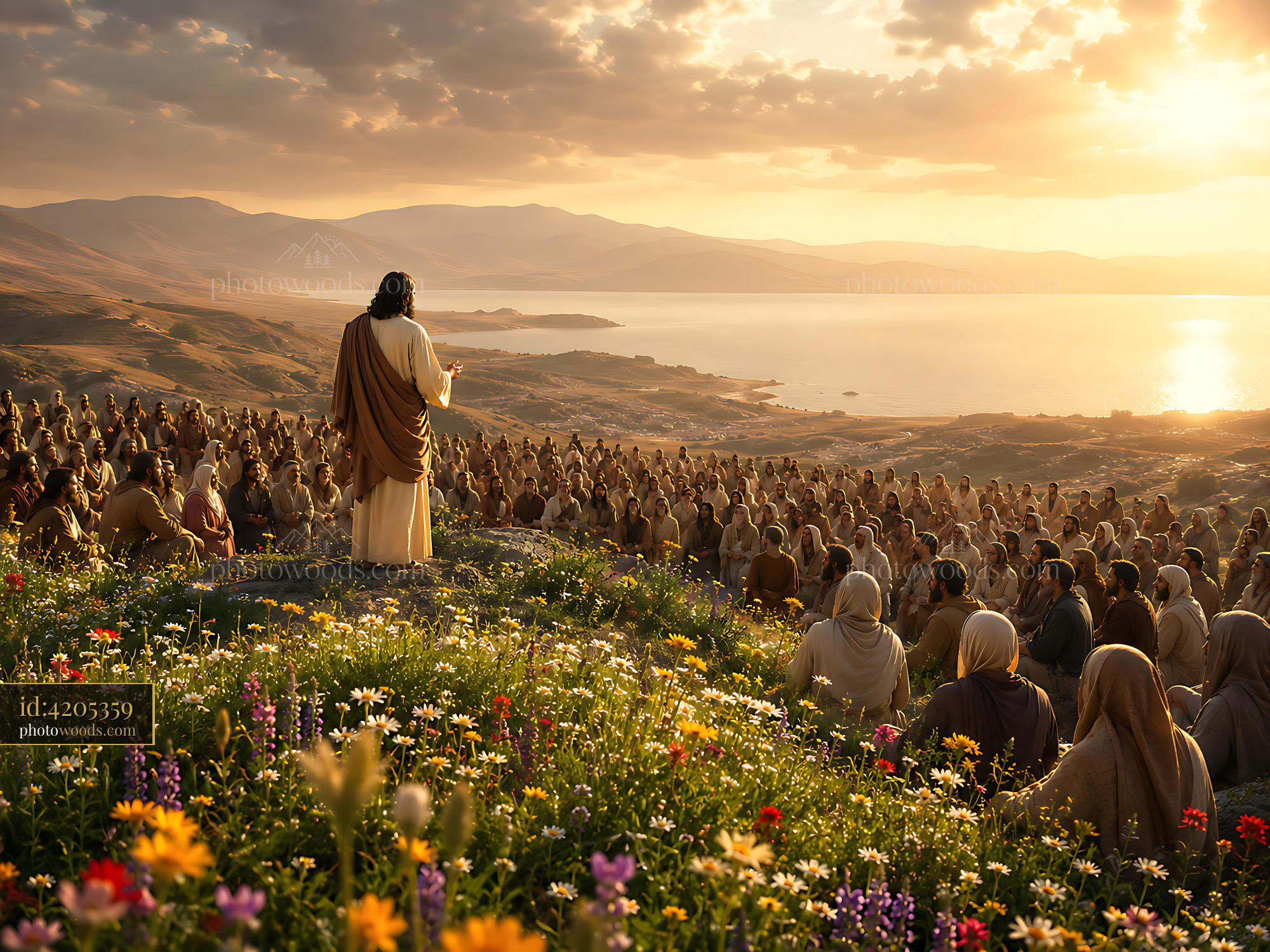 Jesus Speaks to Followers on a Hillside During Sunset Over Water