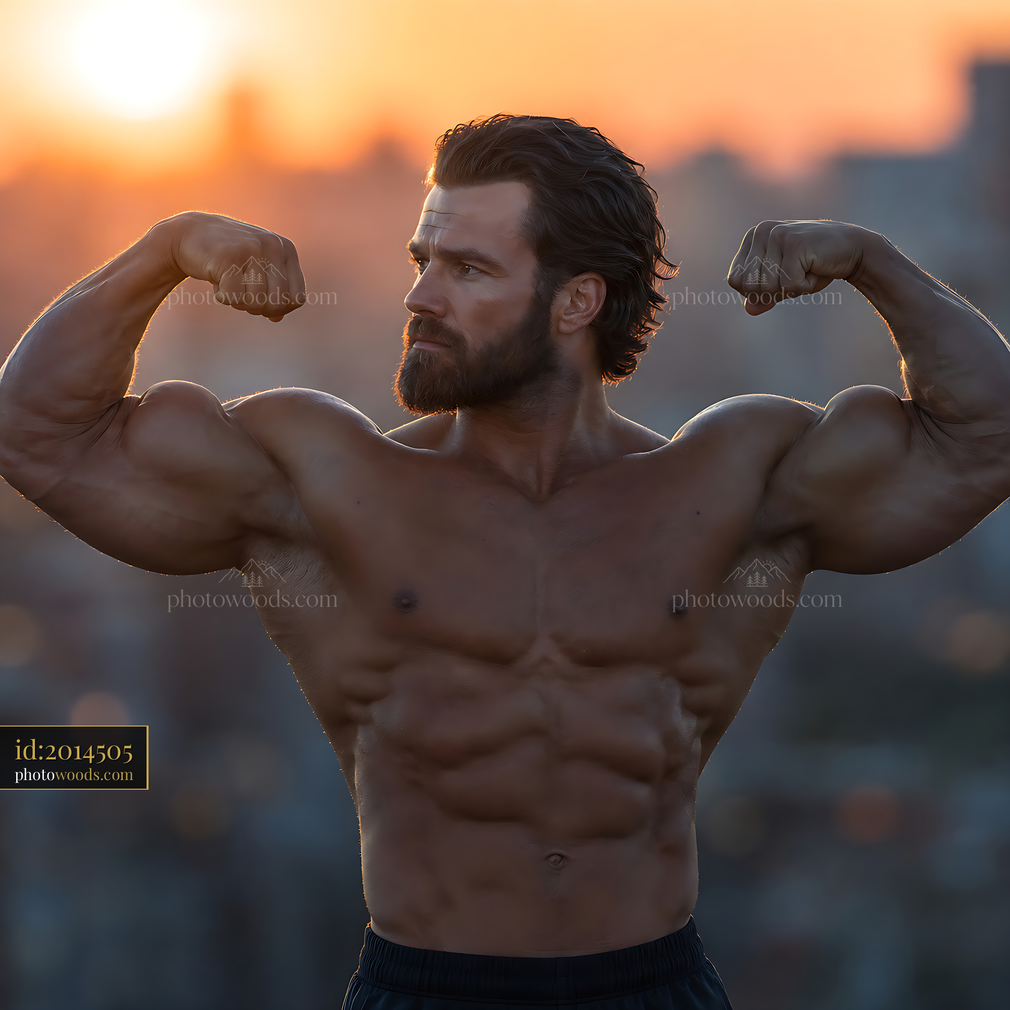 Muscular Man Poses Proudly Against Sunset Skyline Backdrop