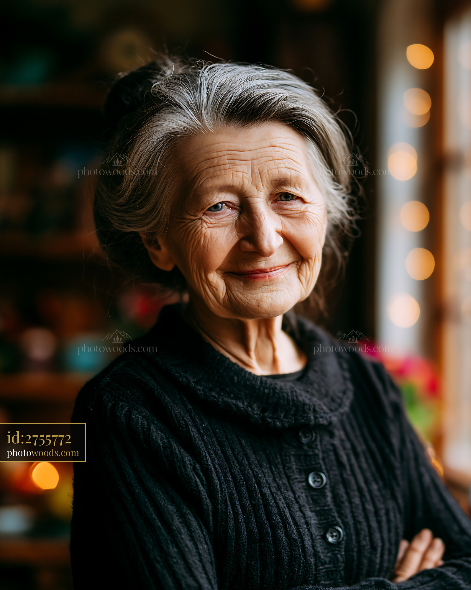 Elderly Woman Smiles Warmly in a Cozy Indoor Setting With Lights