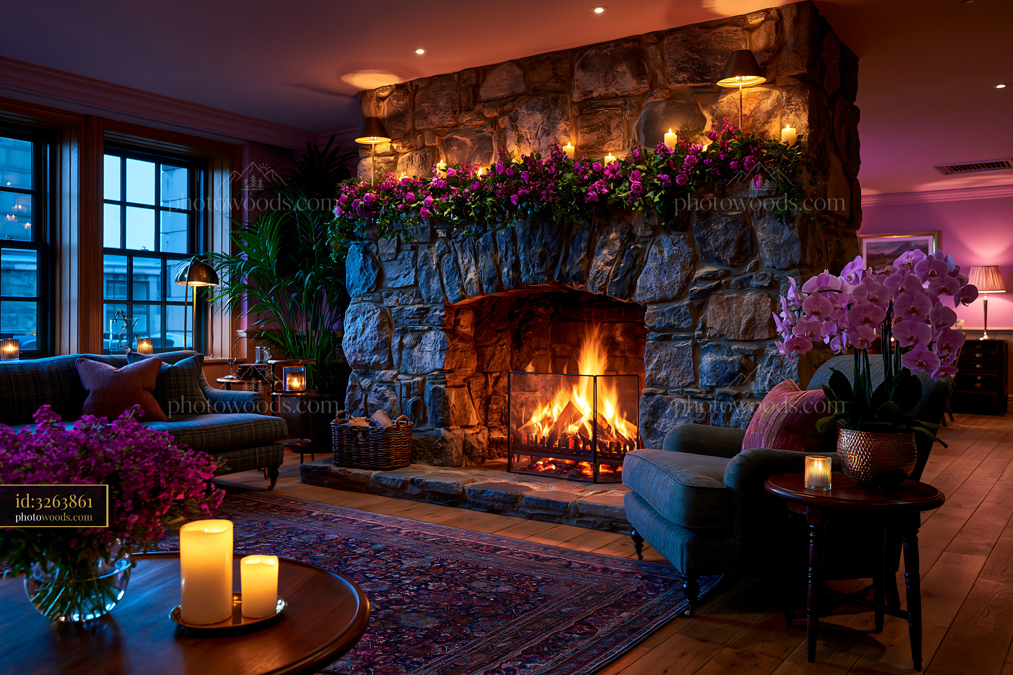 Cozy Chalet Lounge With Stone Fireplace and Flowers at Dusk
