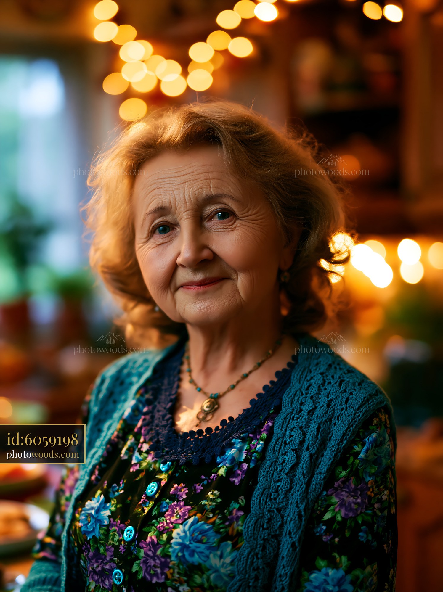 Senior Woman Smiles in a Cozy Kitchen With Warm Lights