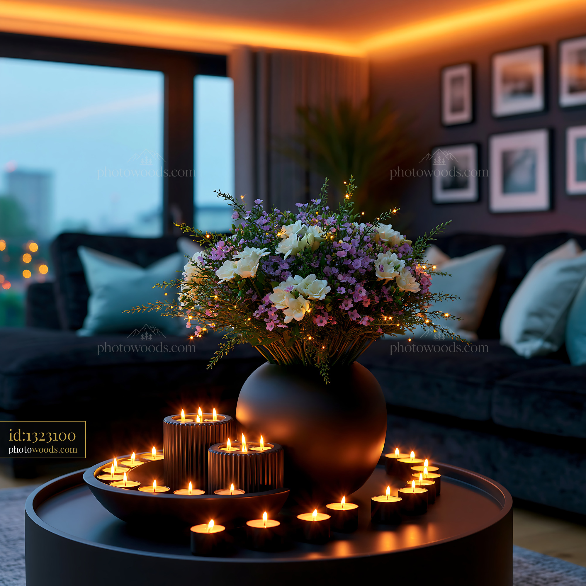 Flowers and Candles in a Minimalist Living Space at Dusk