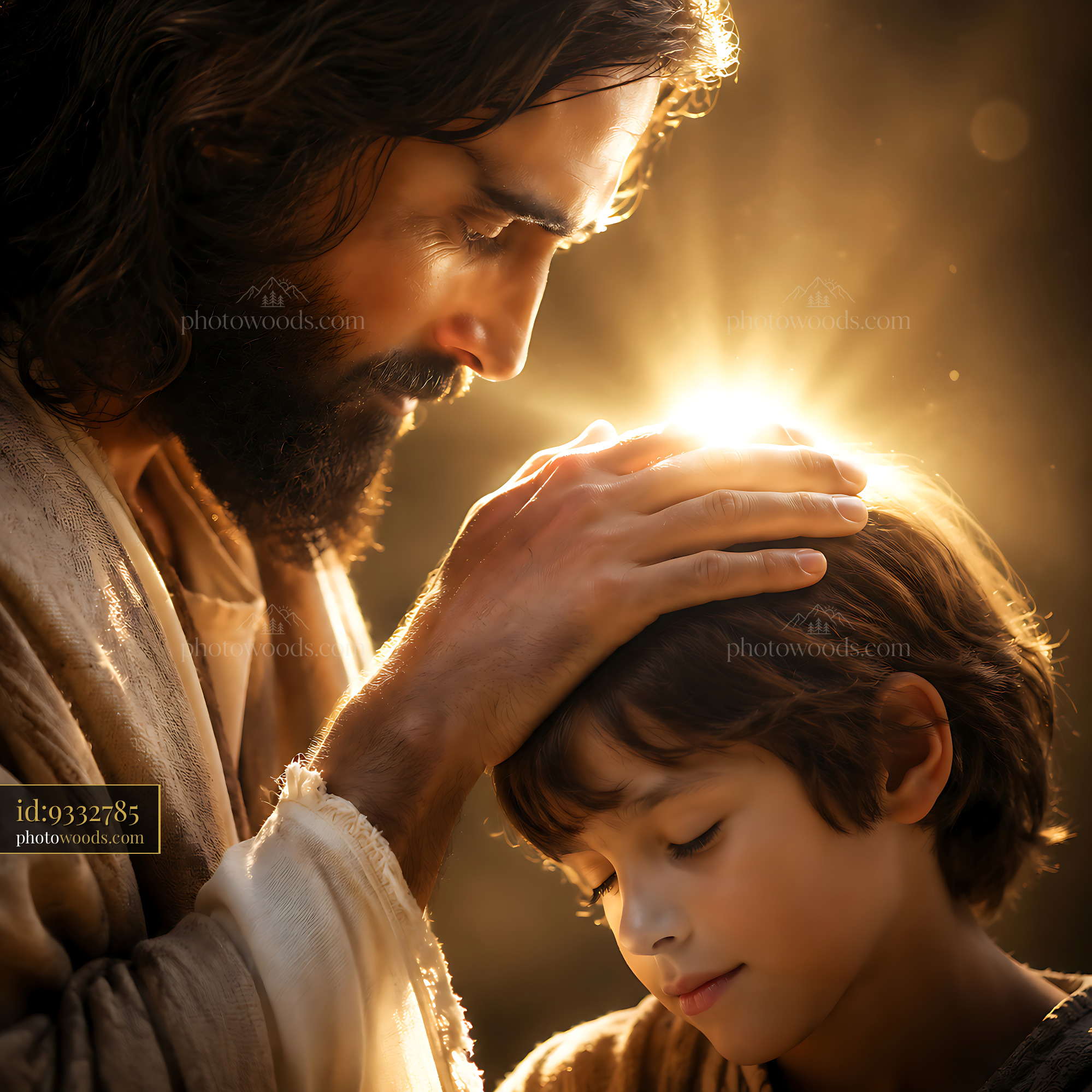 Man With Long Hair Touching Boy's Head in Bright Light