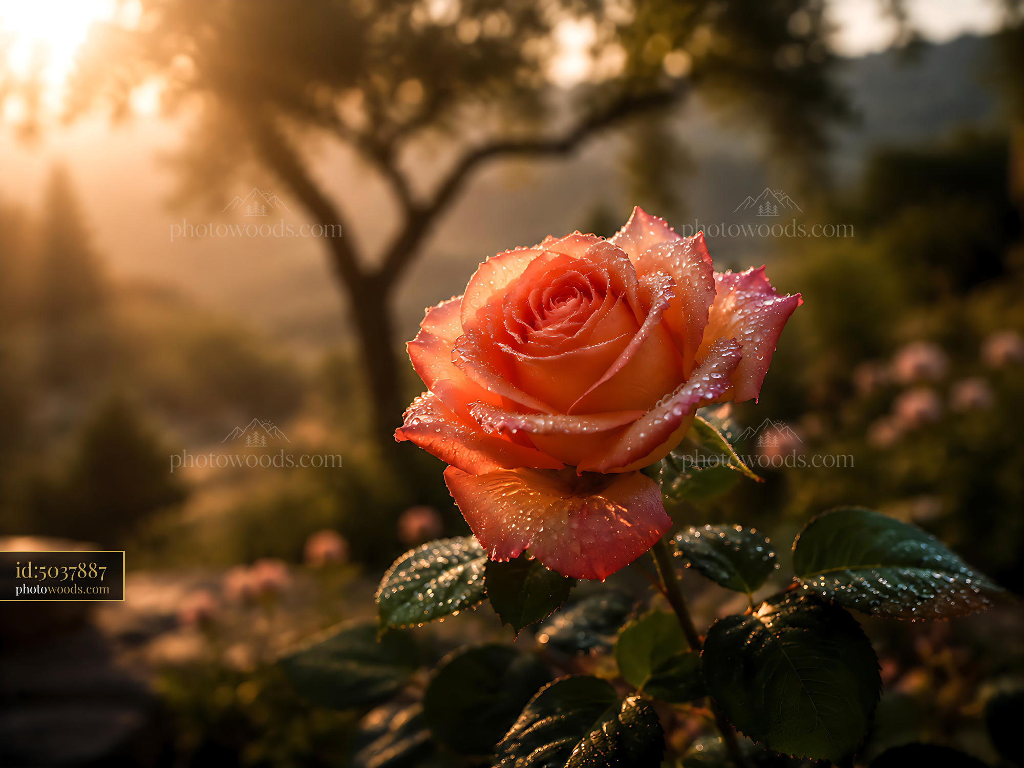 Rose Bloom Glistens With Dew in Morning Light