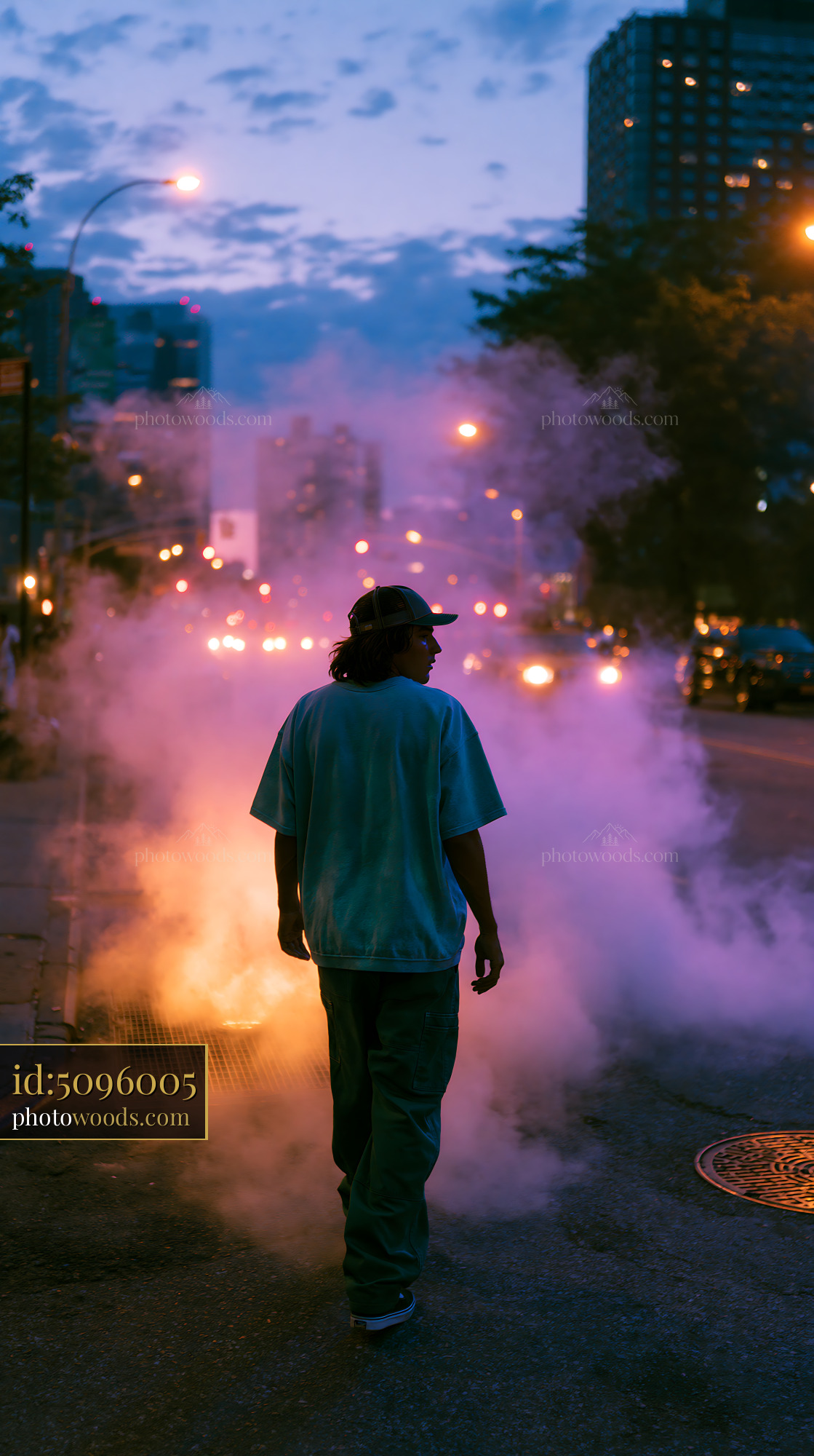 Skater Man Walking Through Colorful Smoke on Urban Street