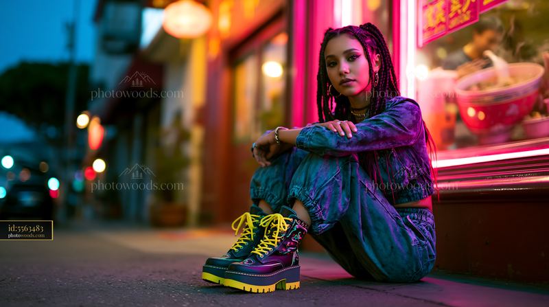 Model With Braided Hair Wearing Acid Wash Outfit Sitting at Night