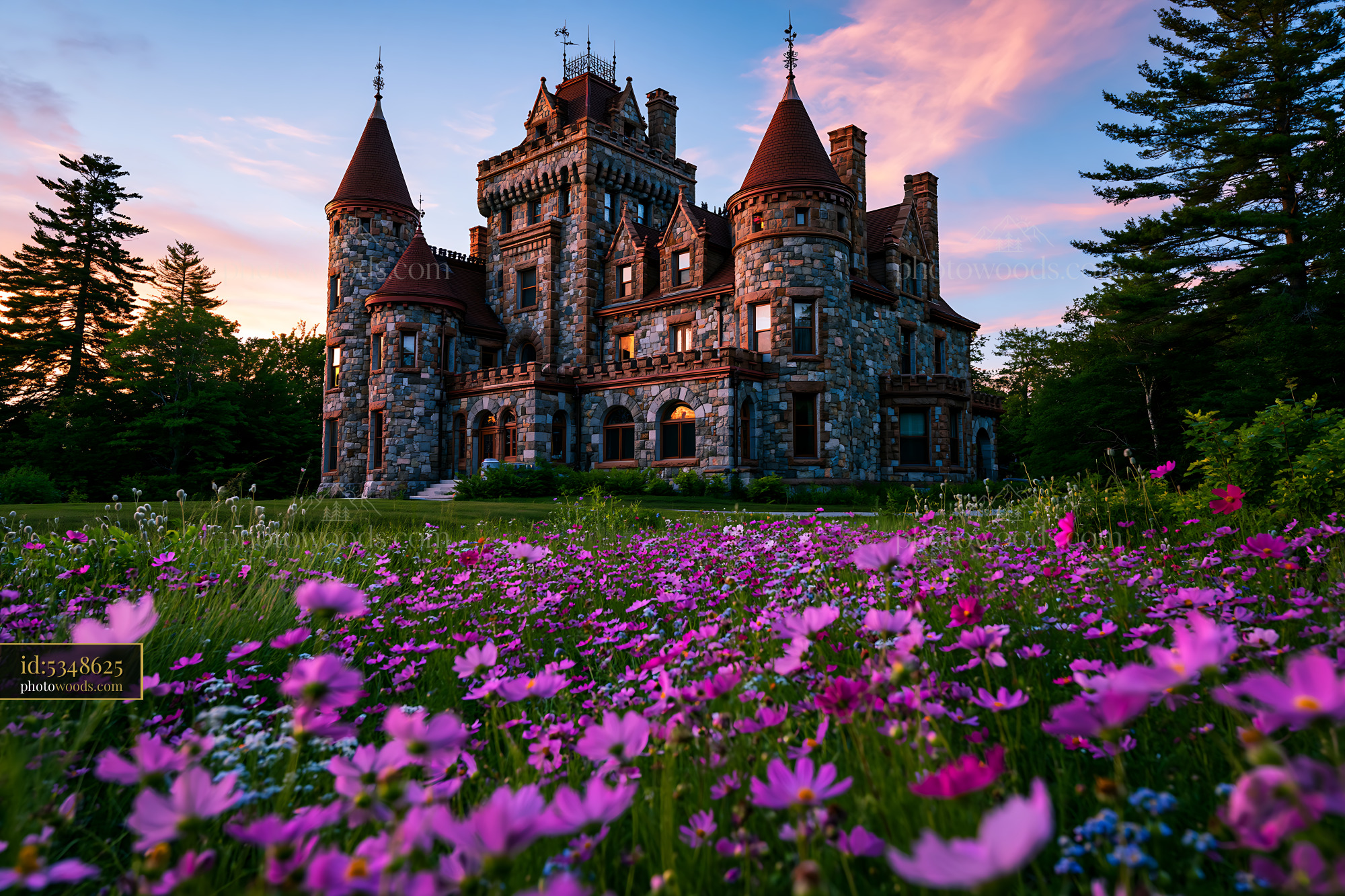 Castle With Flowers at Sunset in a Scenic Landscape