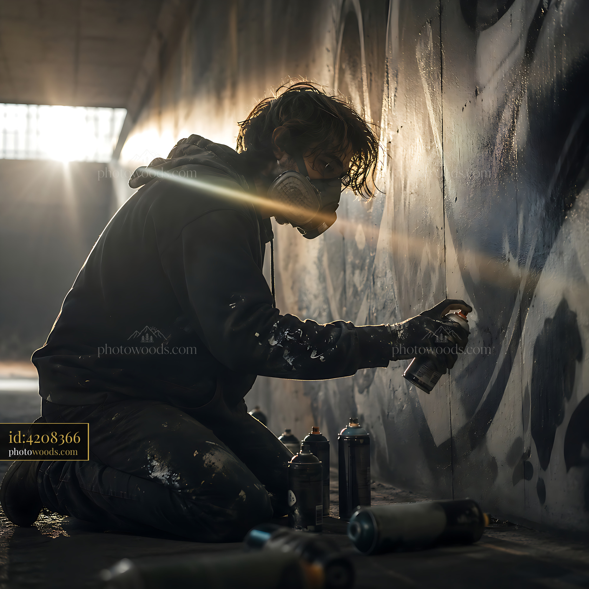 Graffiti Artist Working in Service Tunnel at Dawn
