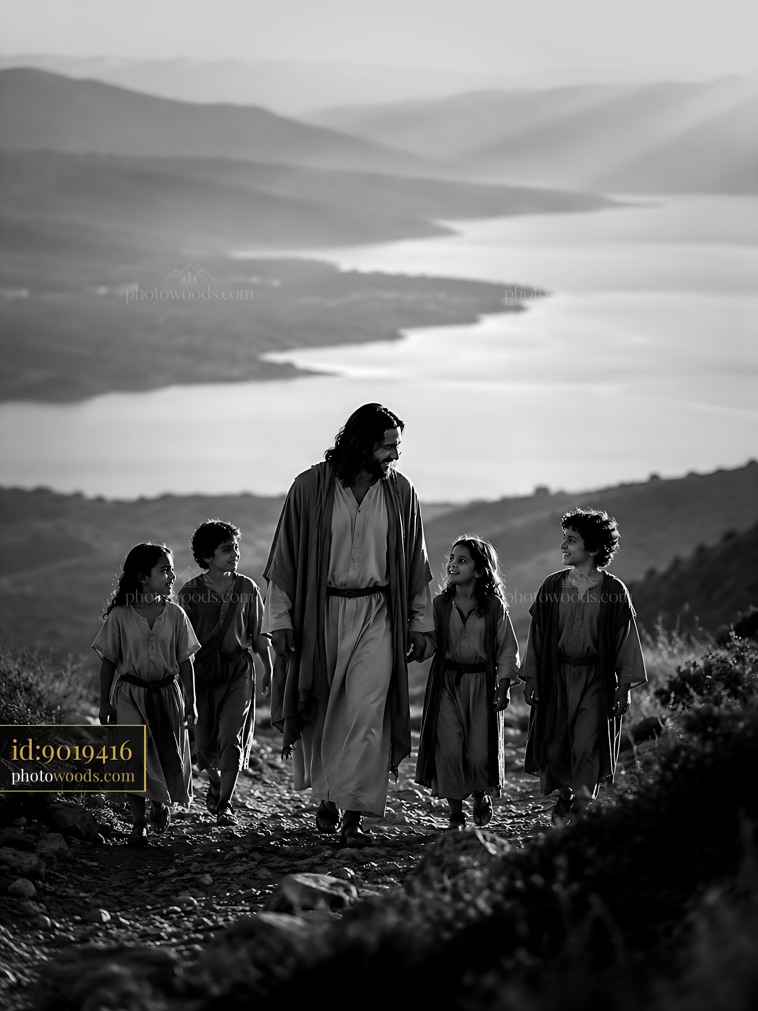 Man Walks With Children Along a Path by the Lake