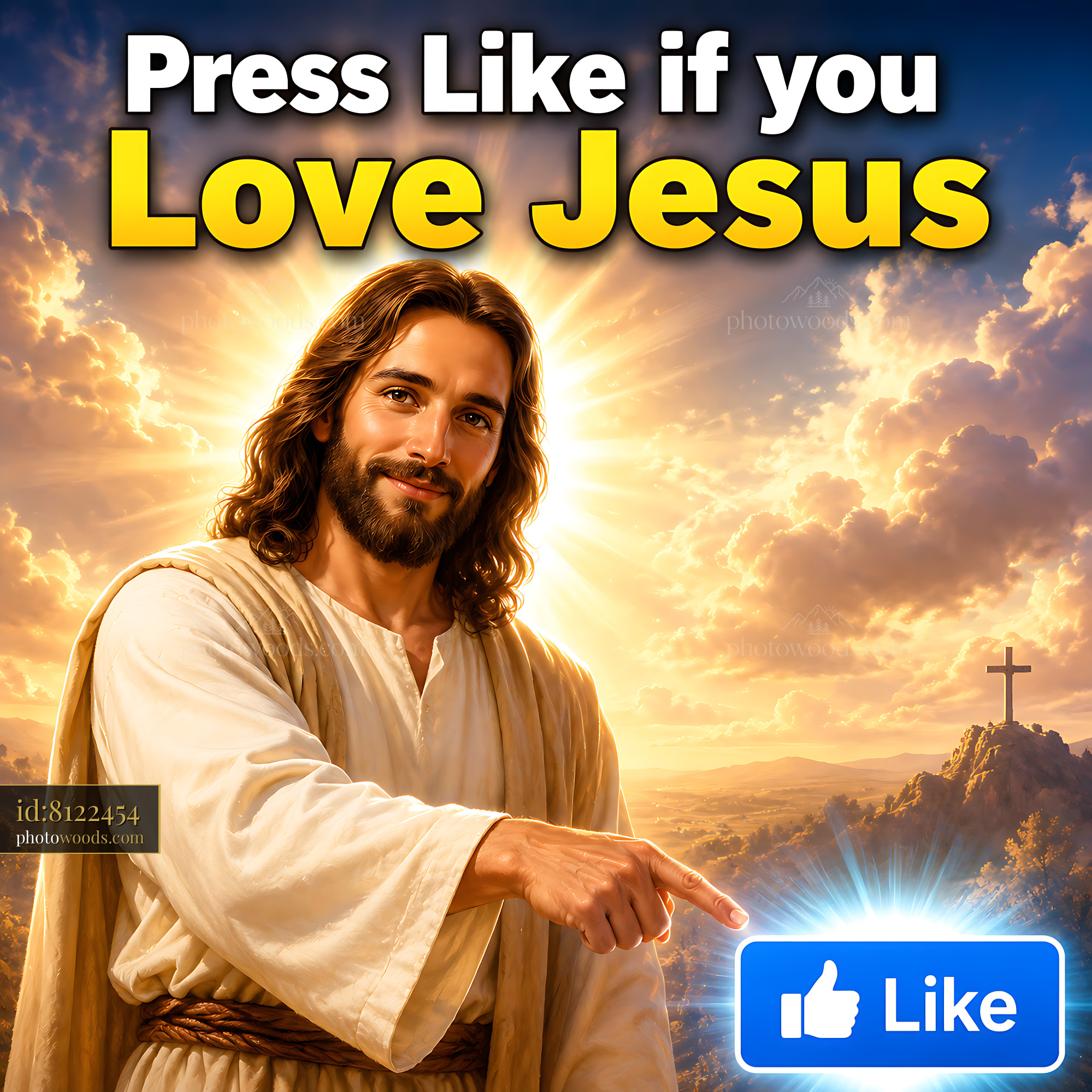 Jesus Pointing to a Like Button With a Bright Background and Cross