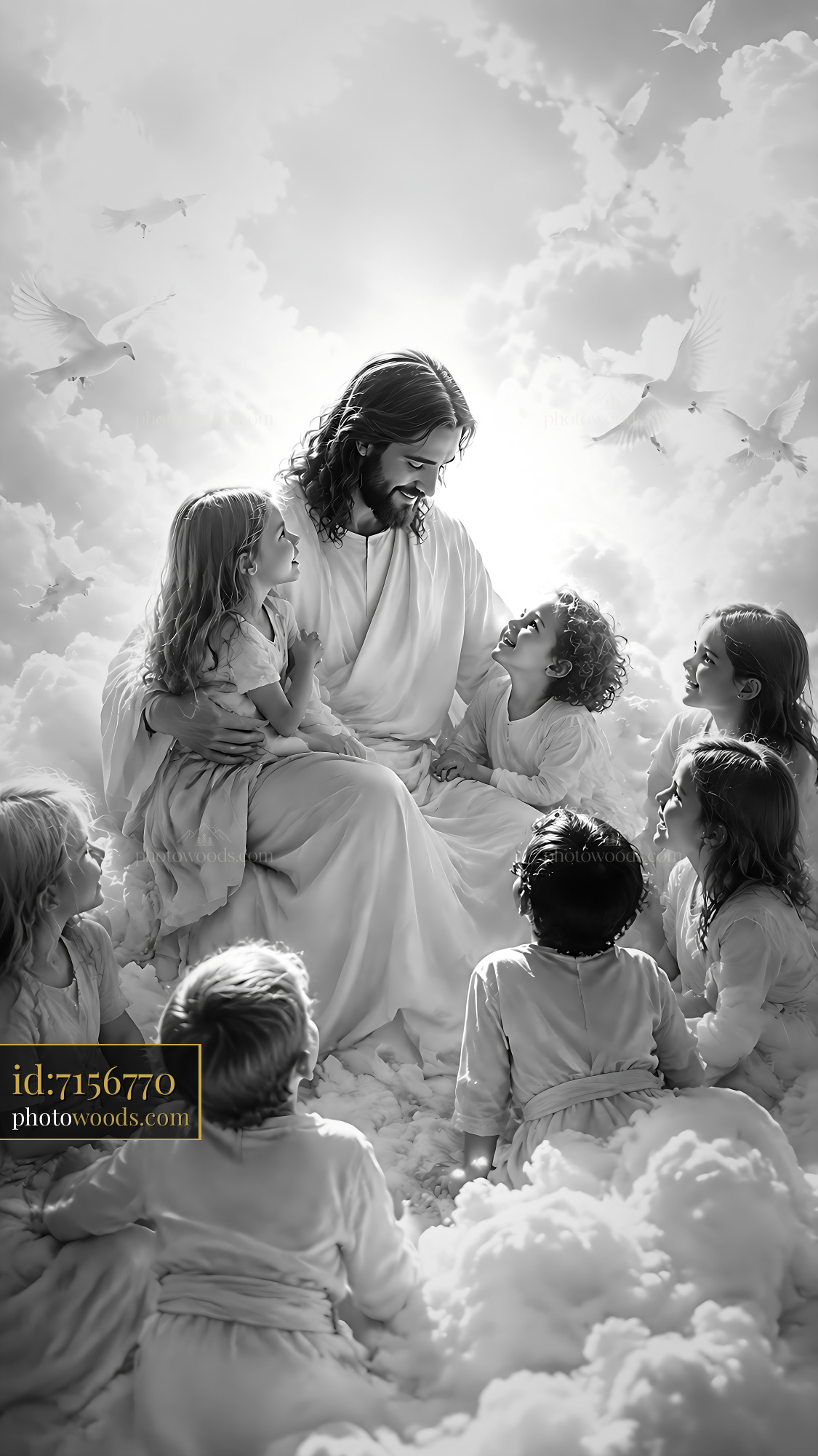 Jesus Sitting on Clouds With Children Around Him in Black and White