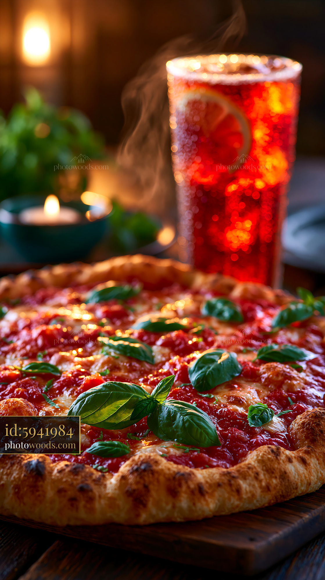 Wood Fired Margherita Pizza With Fresh Basil and Cold Drink