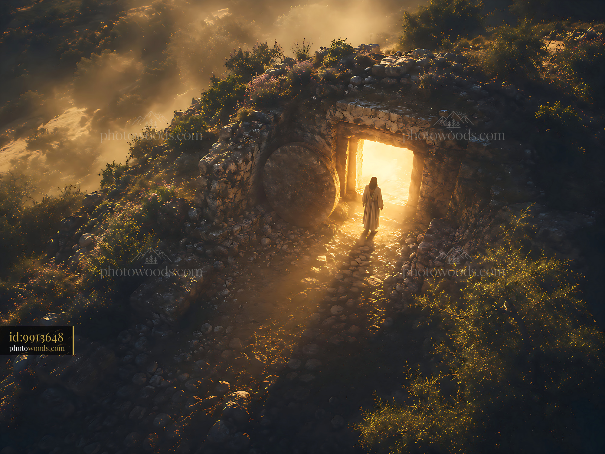 Person Standing at the Entrance of a Stone Structure at Sunset