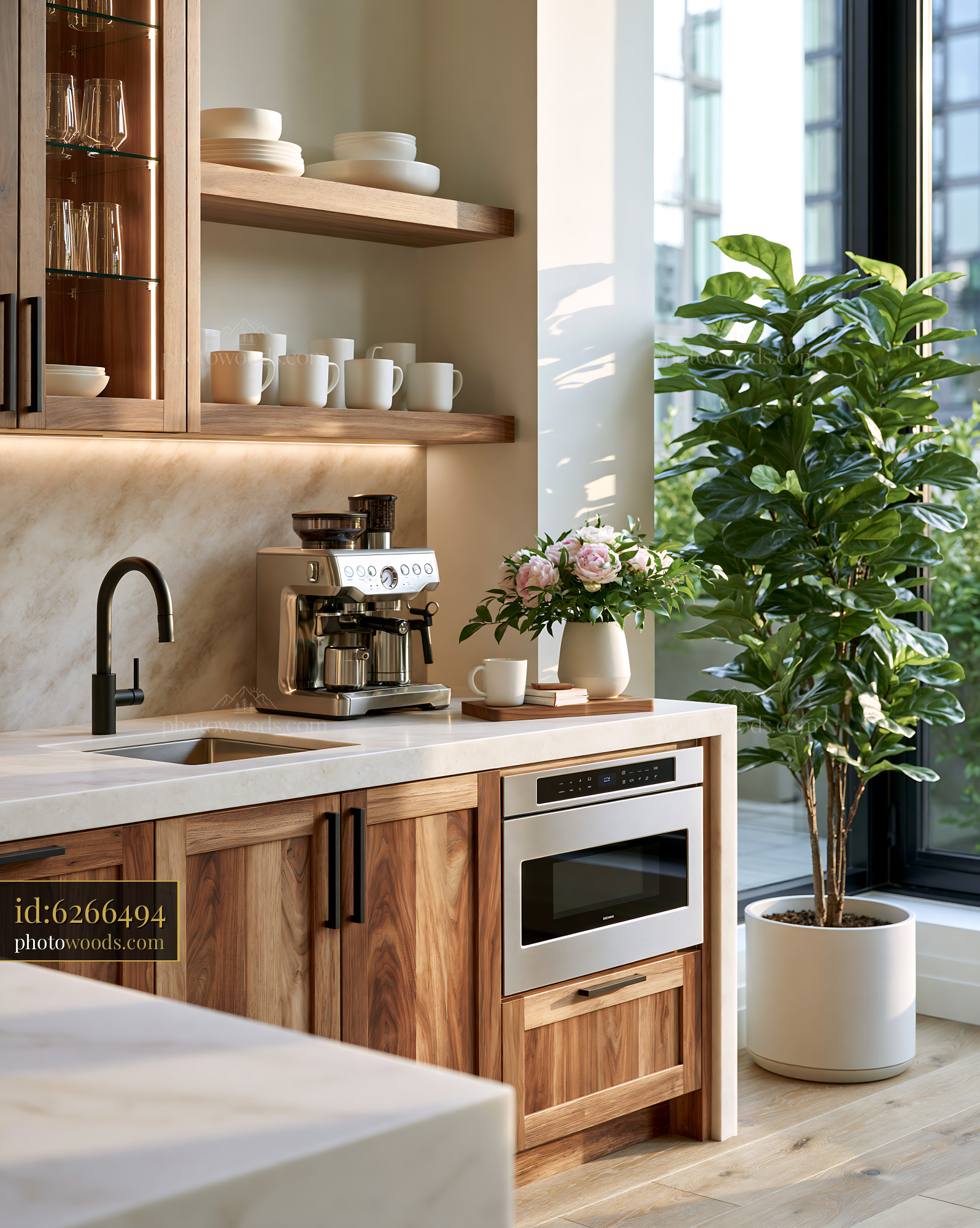 Minimalist Kitchen With Wooden Cabinets and Coffee Machine