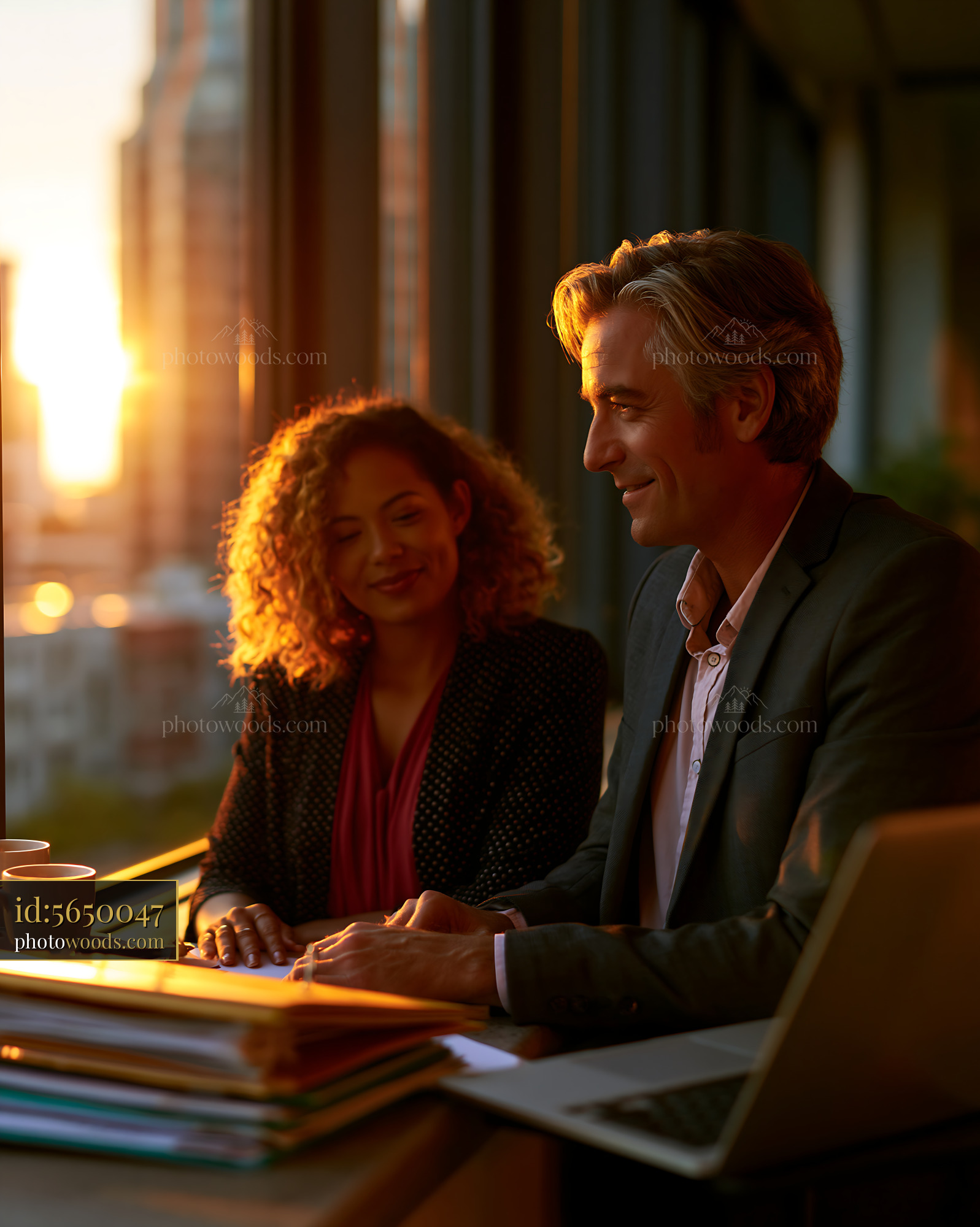 Two Colleagues Discussing Ideas During a Sunset Meeting