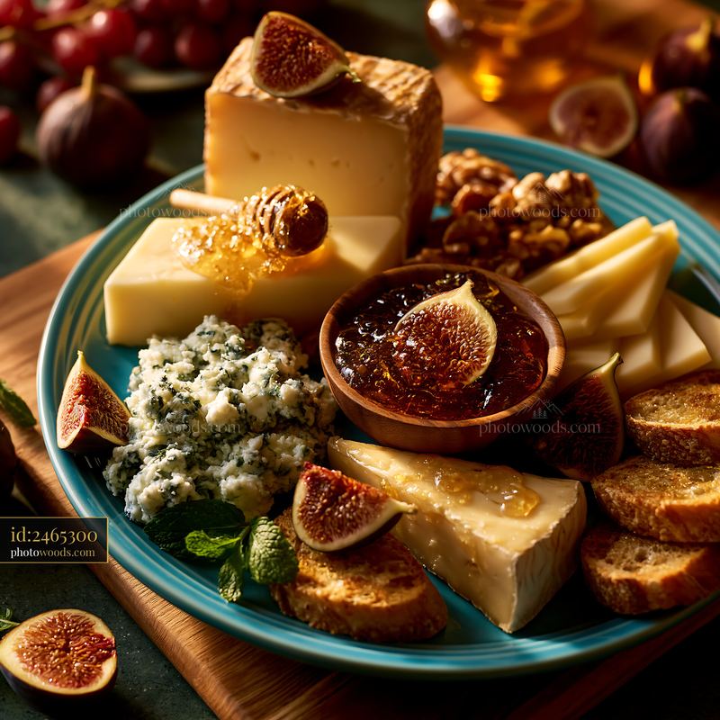 Charcuterie Board With Cheeses, Figs, and Honey on Wooden Table