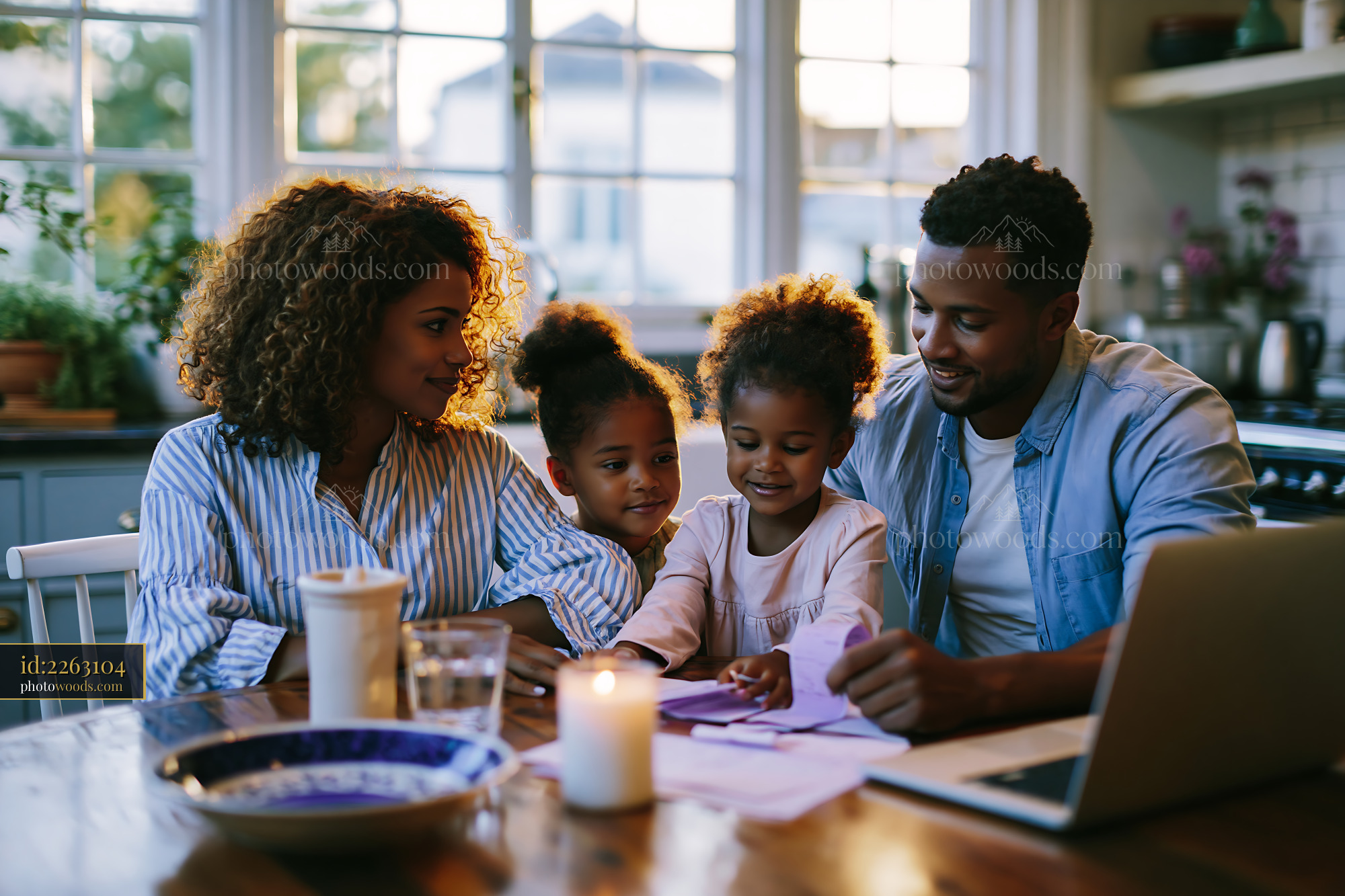 Family Reviewing Insurance Offers at Home During Golden Hour