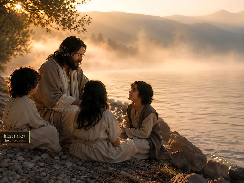 Jesus Teaches Children by the Water During Sunset
