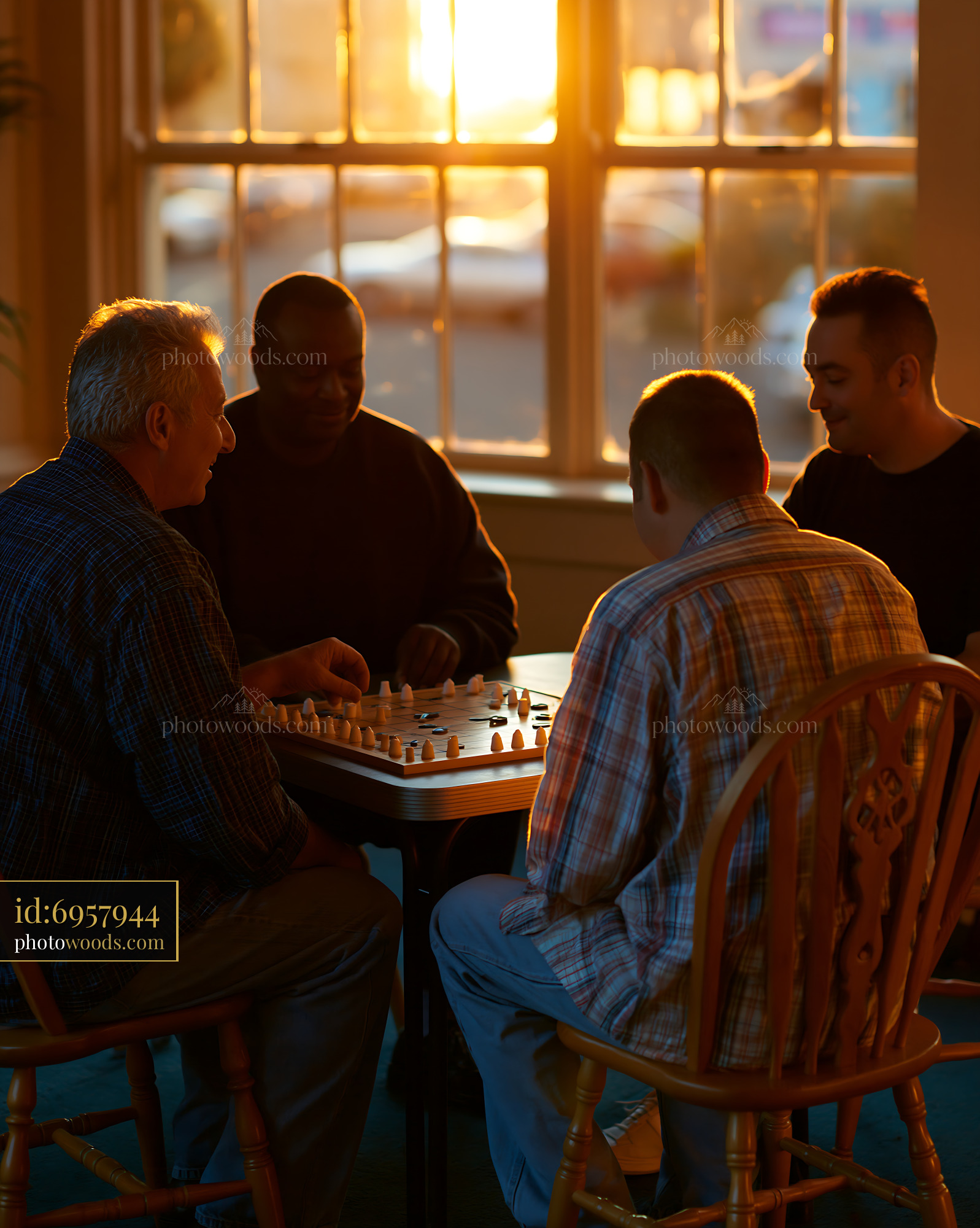 Men's Support Group Playing Chess in Warm Light