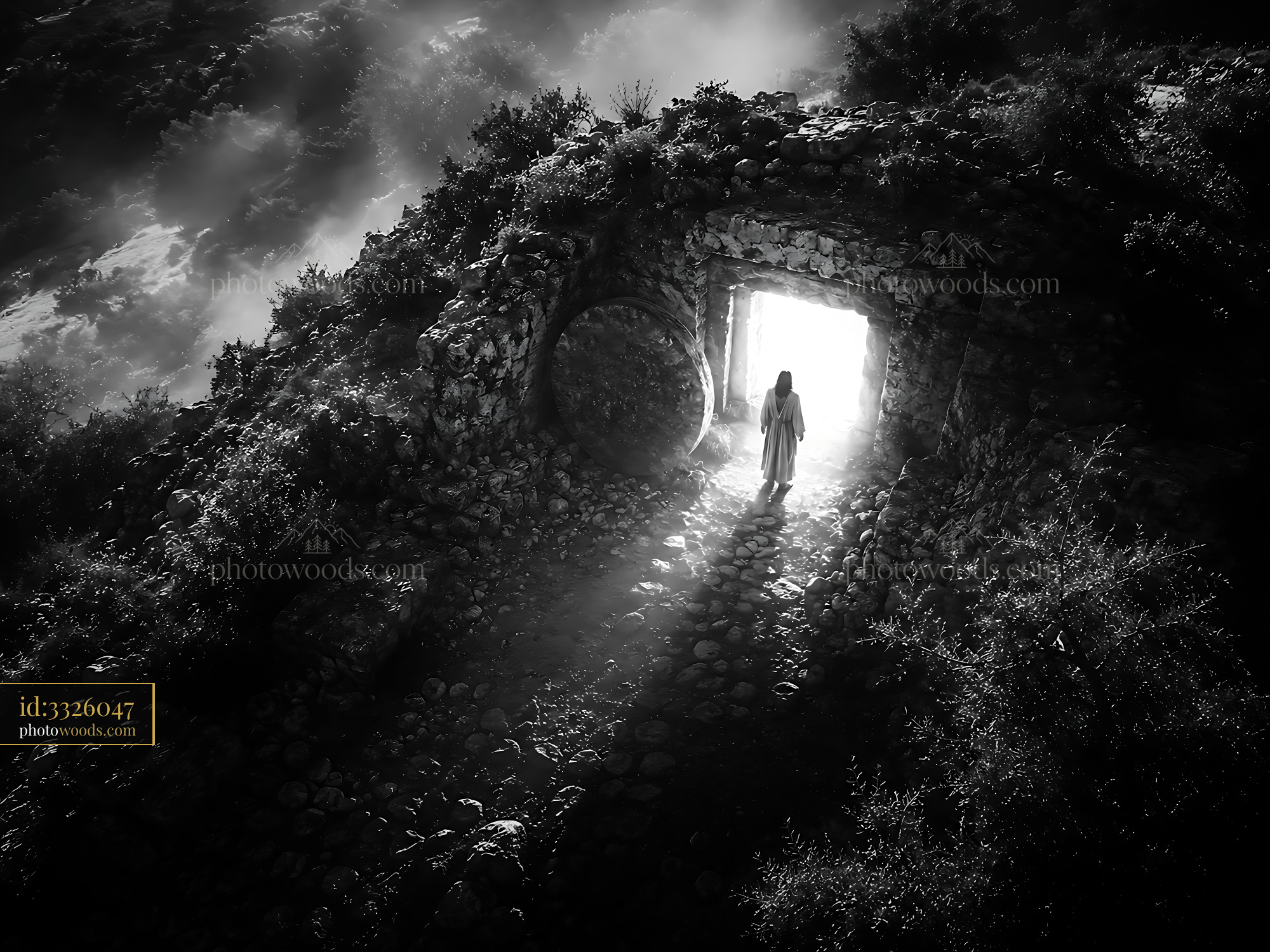 Person Walking Through Stone Archway Toward Bright Light