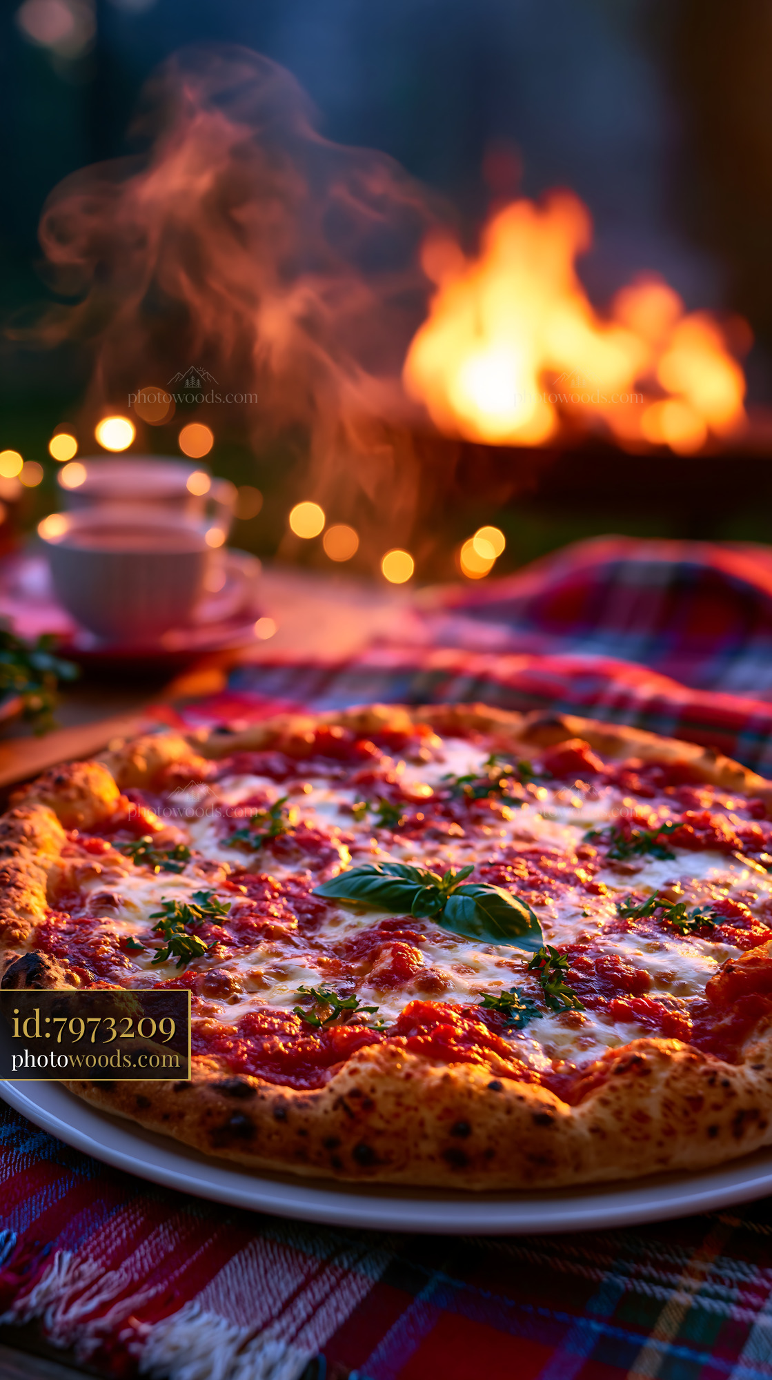 Wood Fired Margherita Pizza With Basil and Fire Background