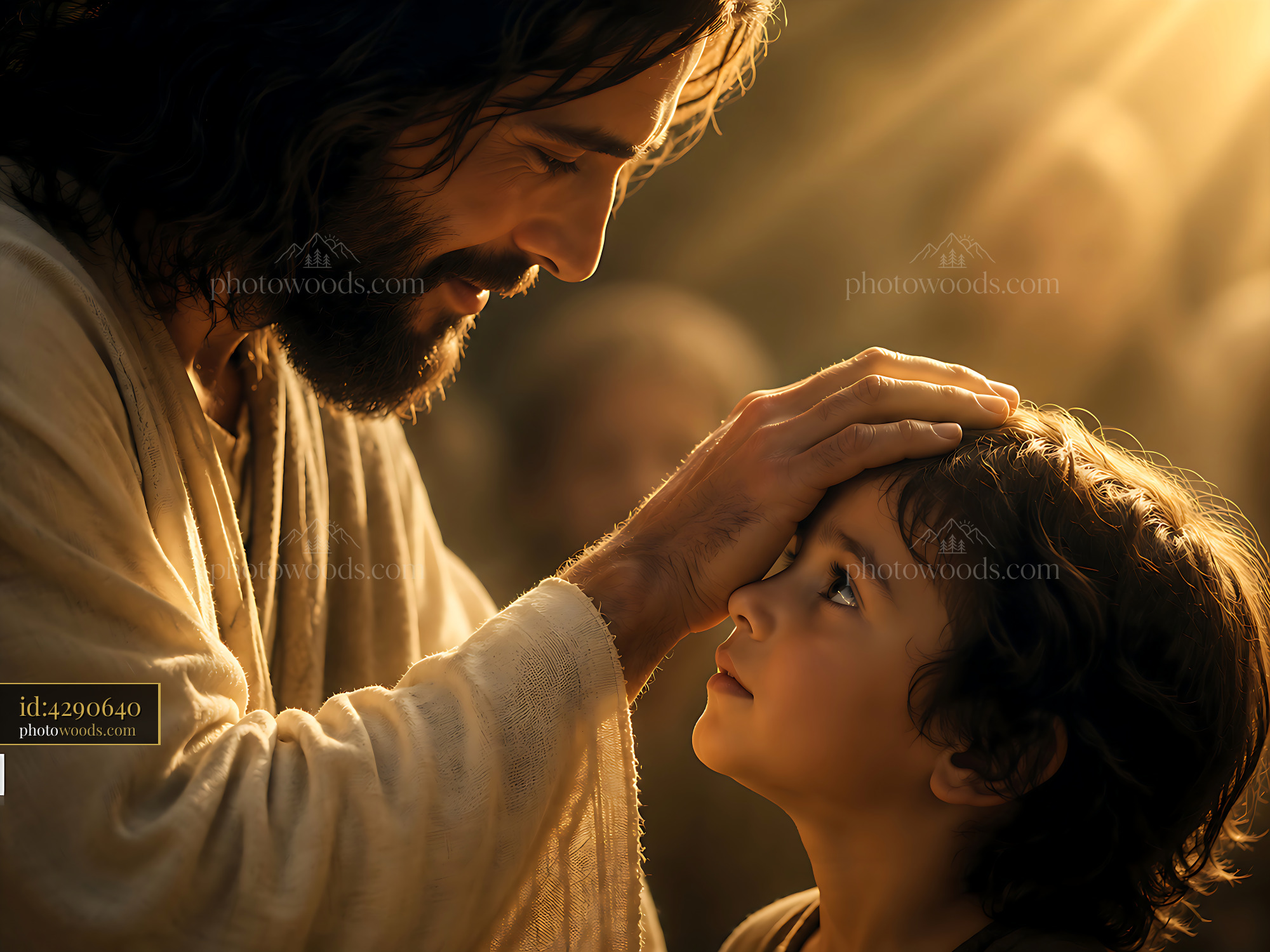 Jesus Blesses a Child With a Gentle Touch in a Warm Light Setting
