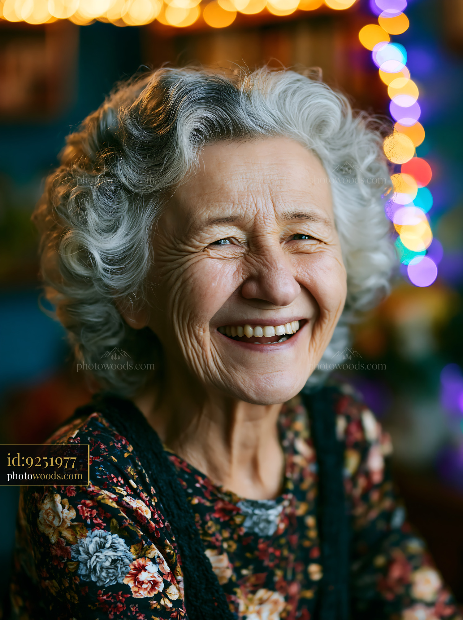 Senior Woman With Curly Hair Smiling in a Warm Light Setting