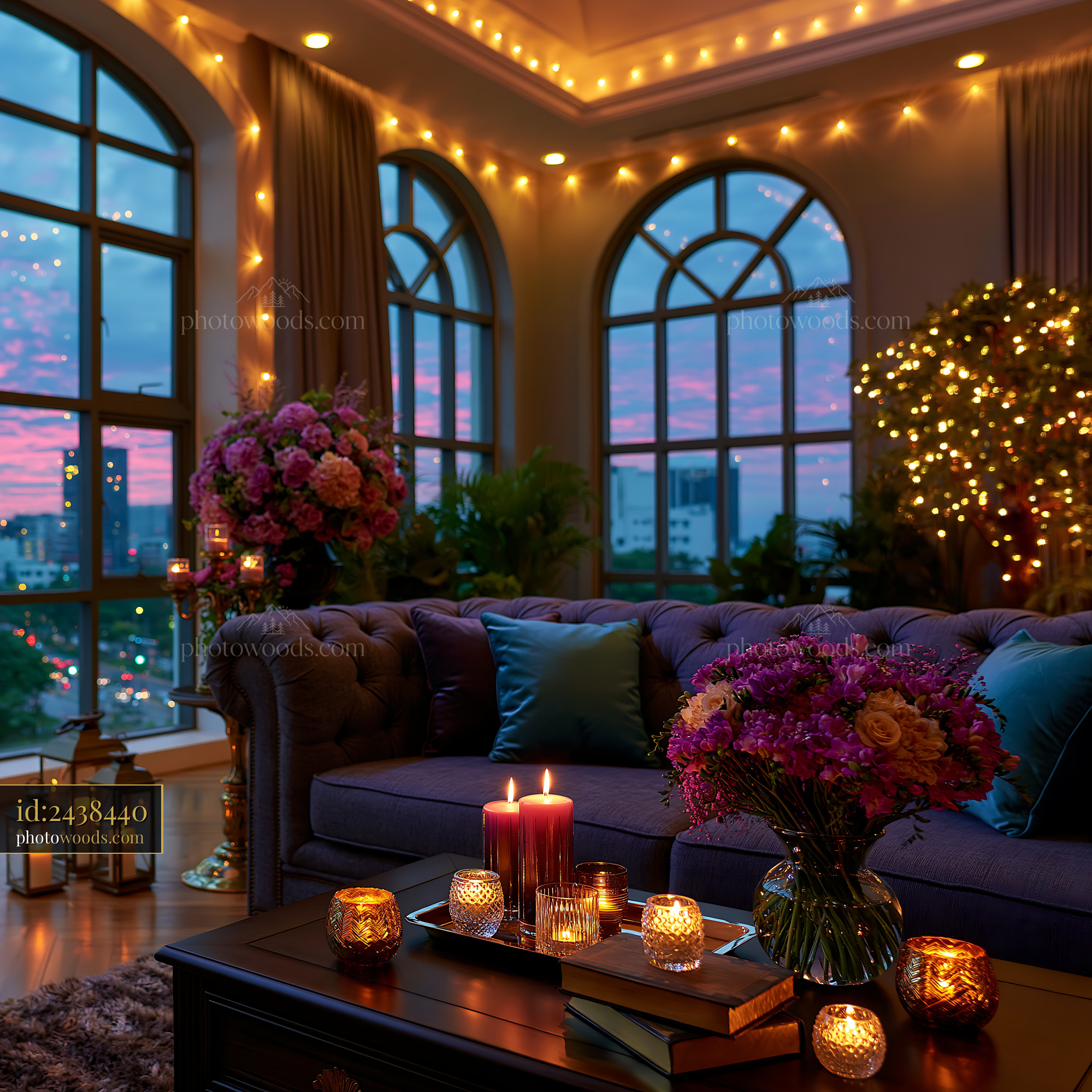 Elegant candlelit living room with flowers and city sunset view