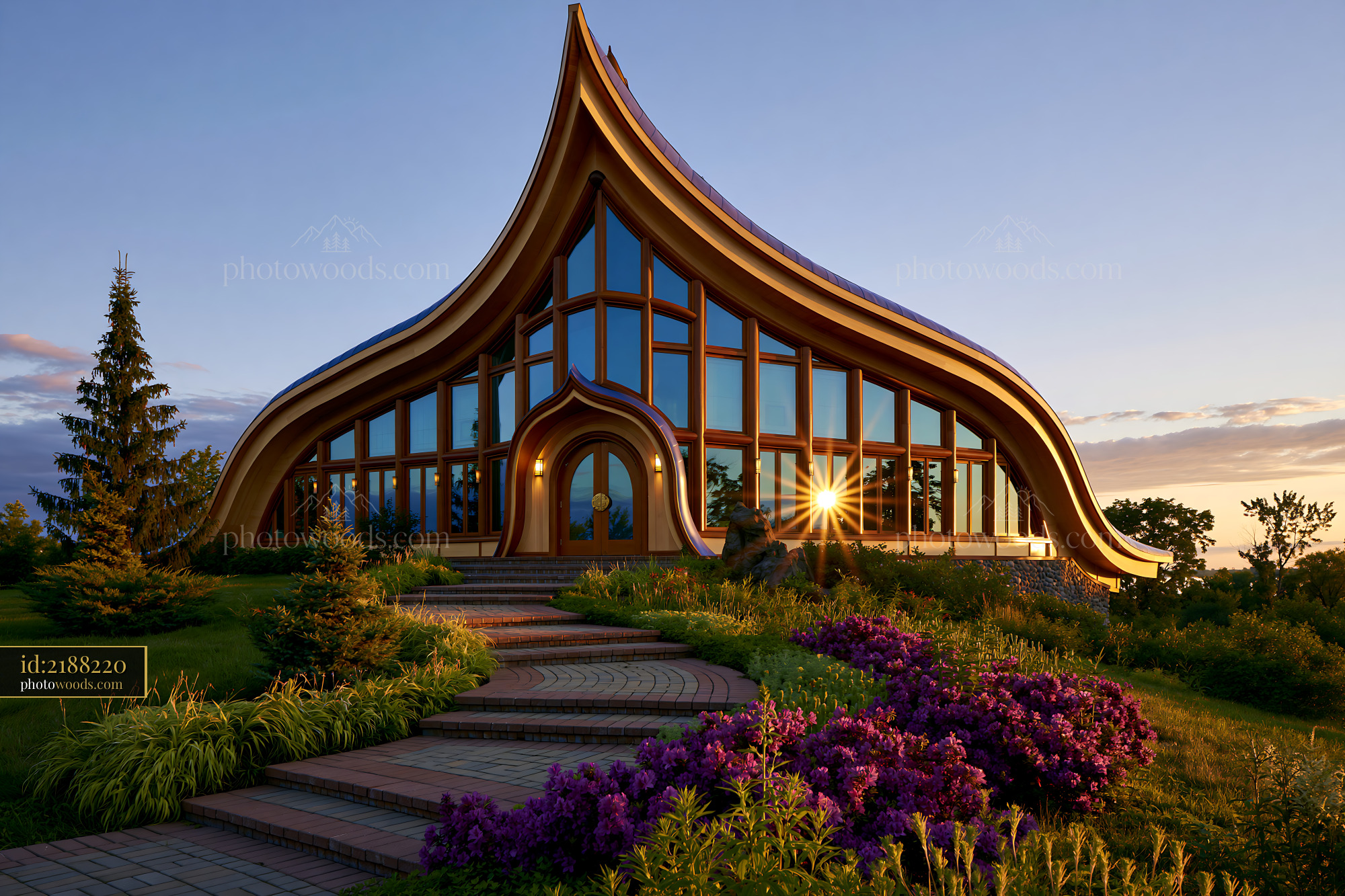 Architectural Design of Modern Building With Landscaping in Sunset
