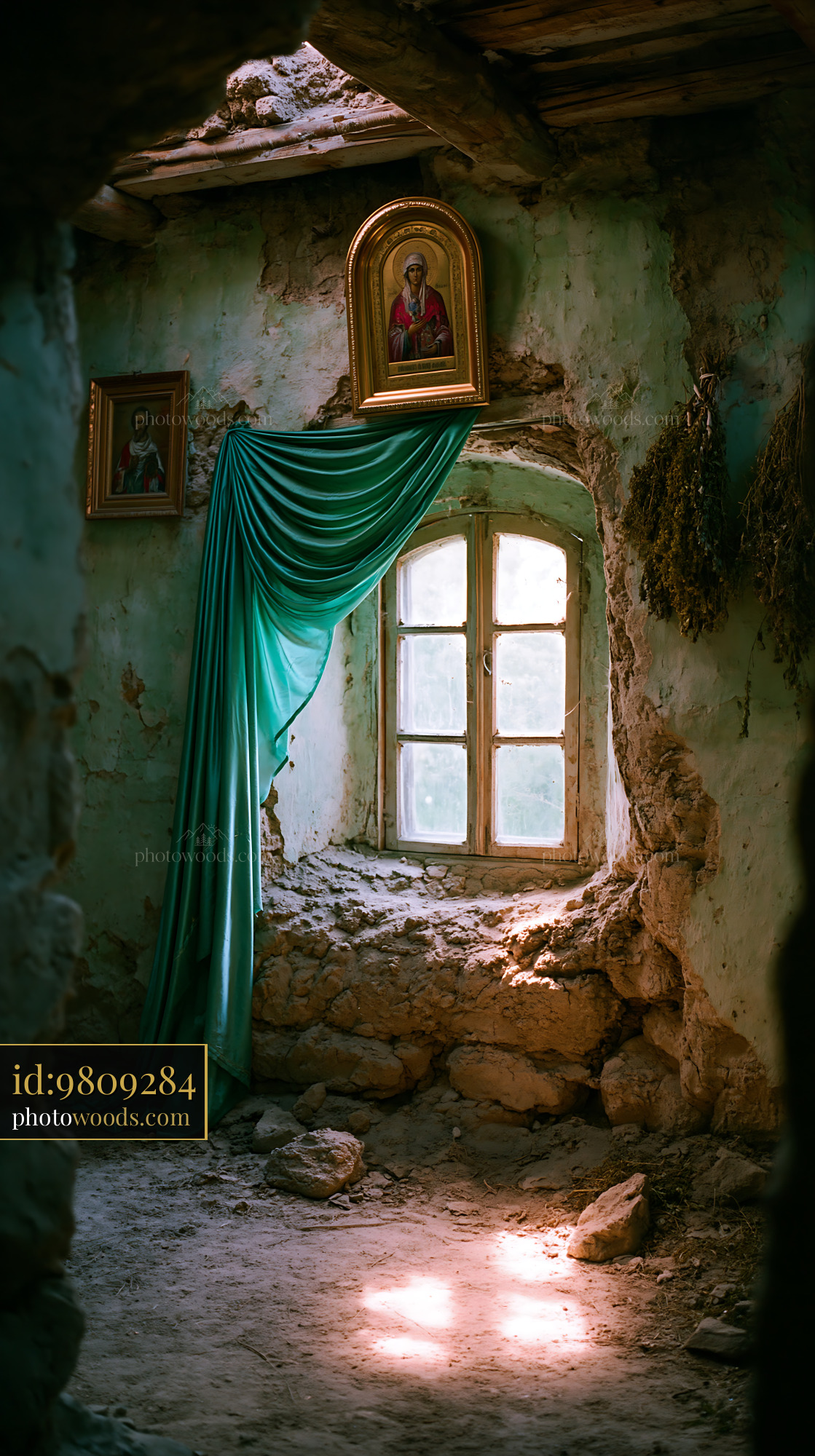 Crumbling Adobe House Interior With Draped Fabric and Window Light