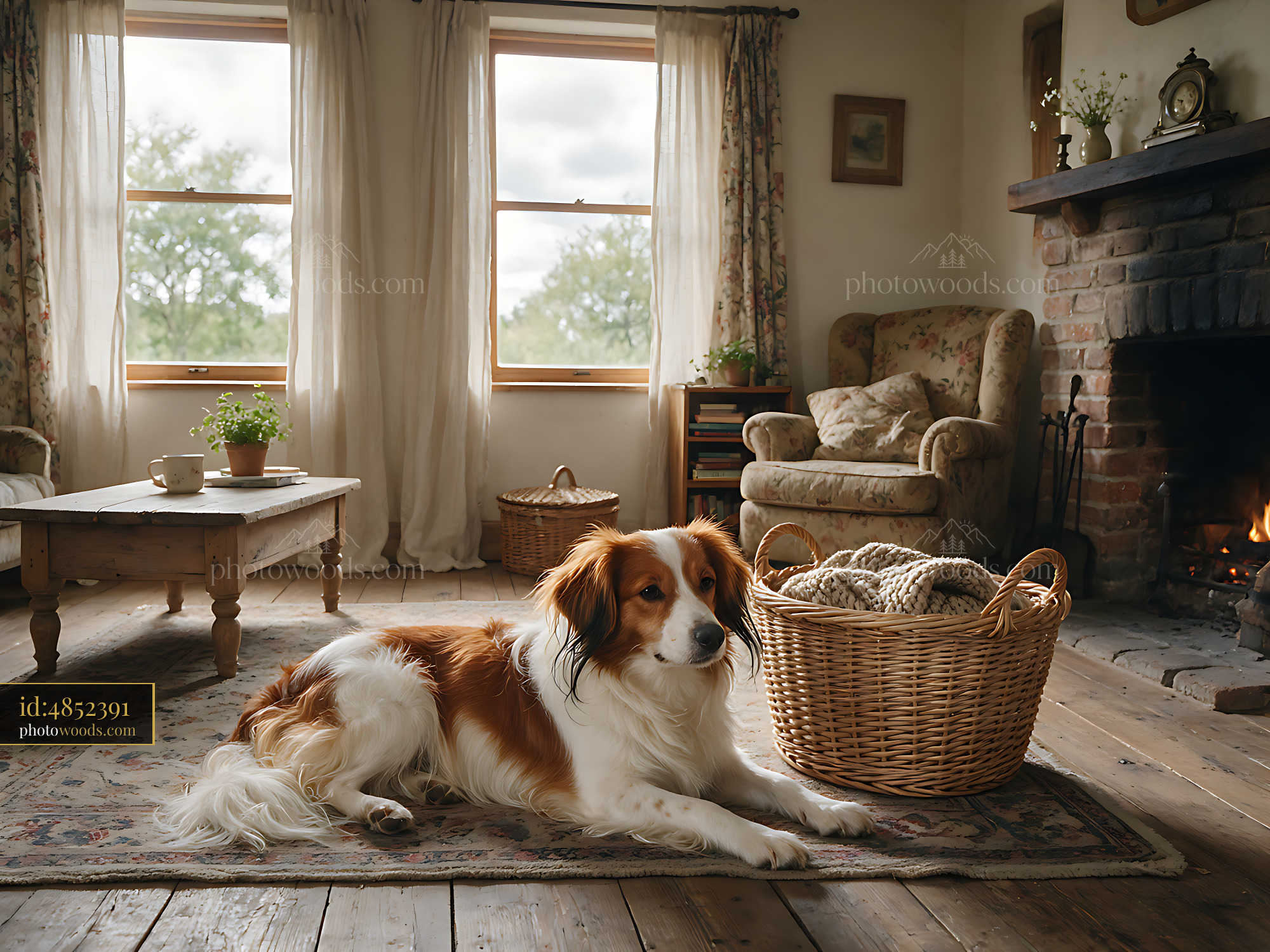 Rare dog breed resting in a cozy traditional living room