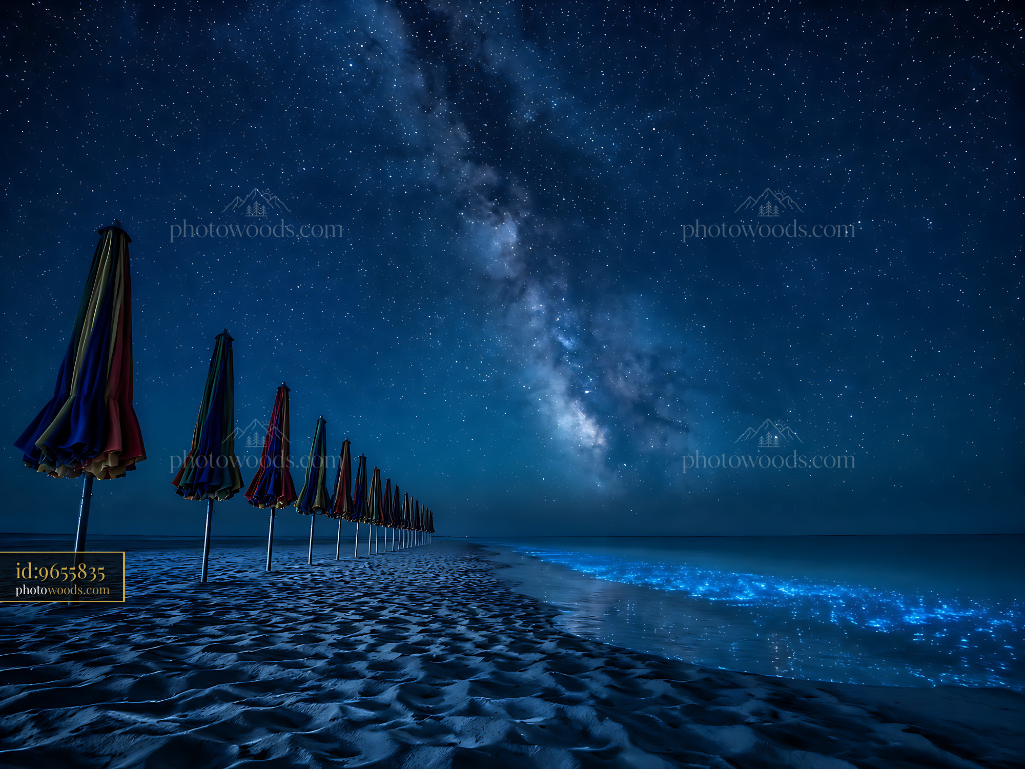 Umbrellas Line the Beach Under a Starry Night Sky